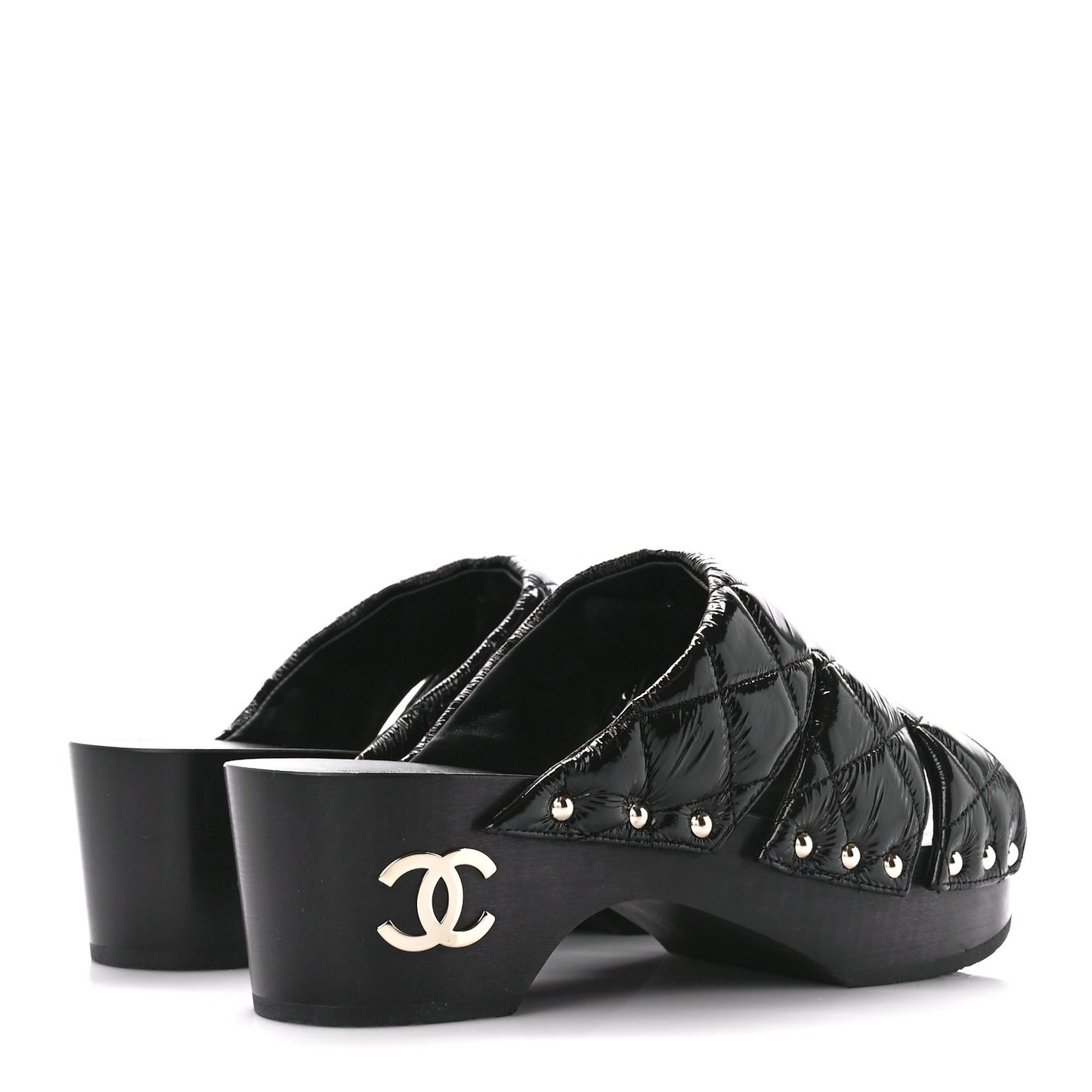 Patent Lambskin Quilted CC Clogs 38 Black