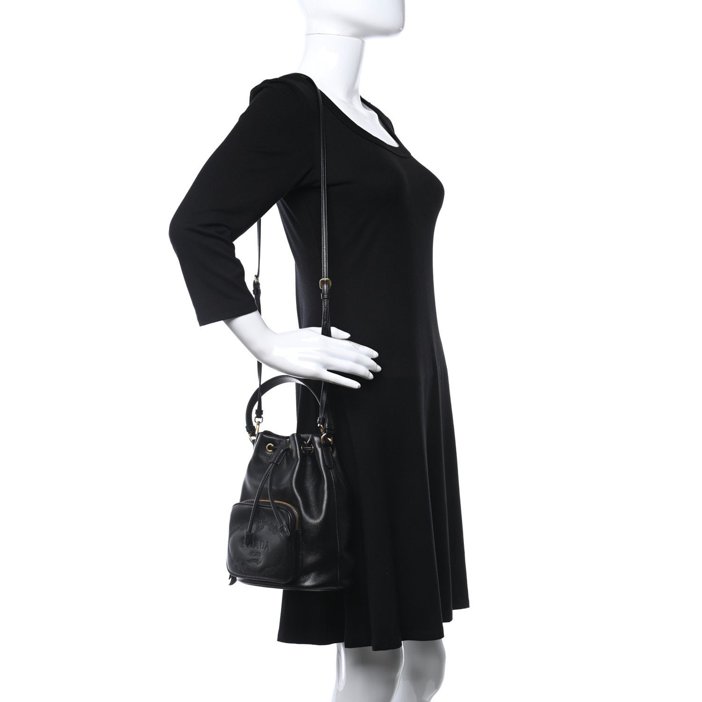 Glace Calfskin Embossed Secchiello Bucket Bag Black
