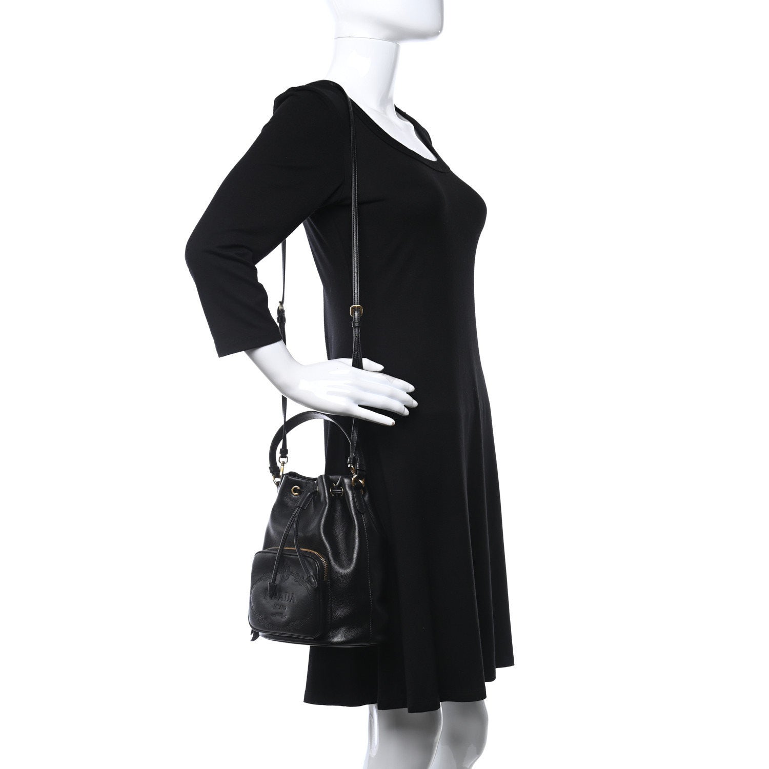 Prada Glace Calfskin Embossed Secchiello Bucket Bag Black 2 of 9