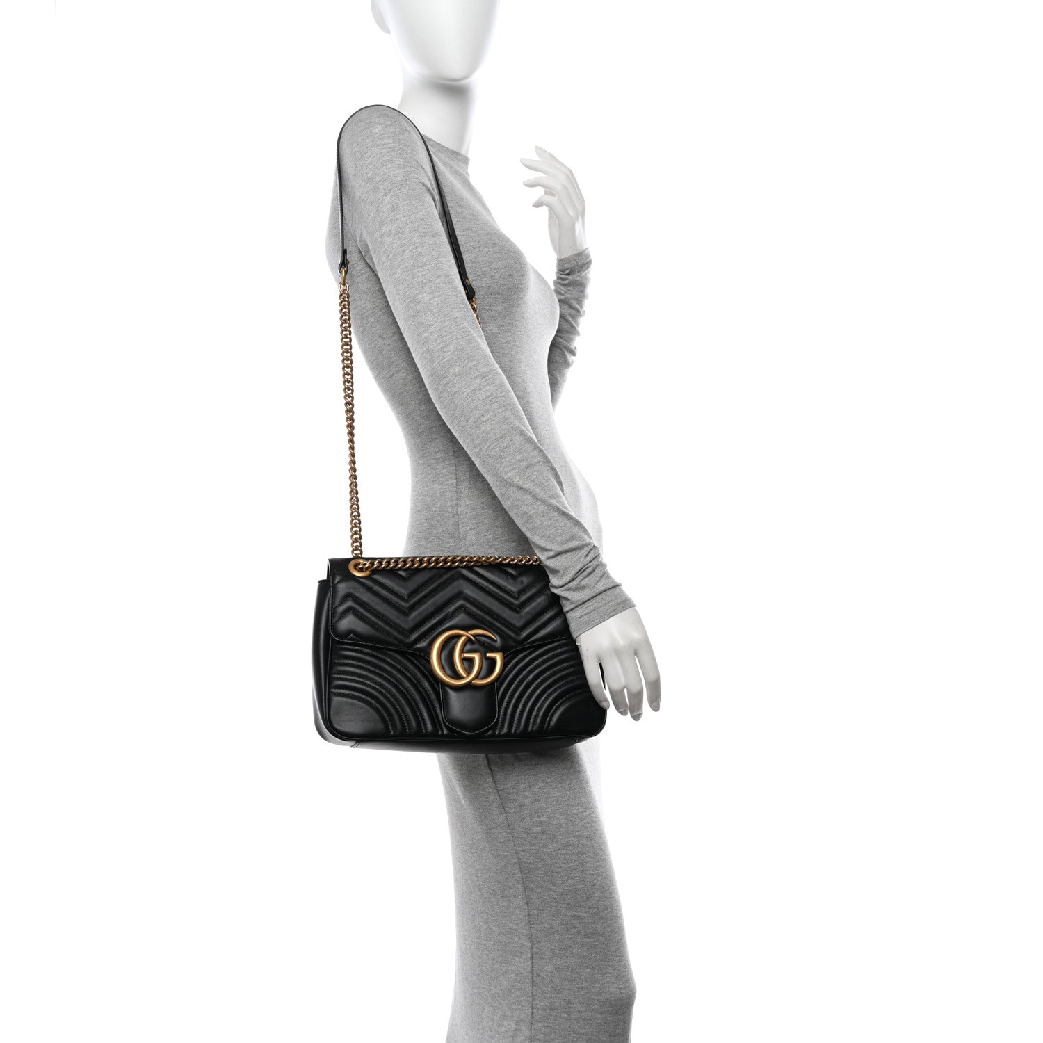 Gucci Calfskin Matelasse Medium GG Marmont Shoulder Bag Black 2 of 11
