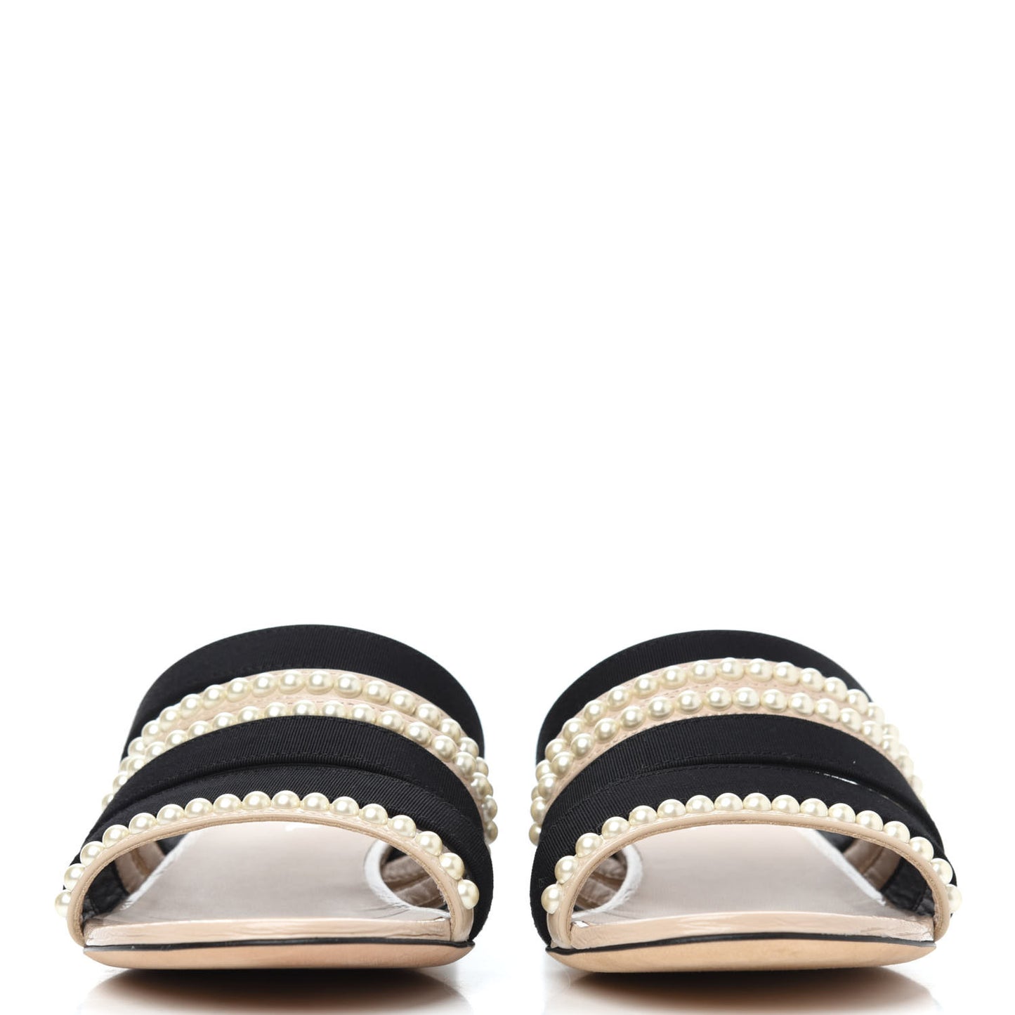 Patent Calfskin Grosgrain CC Pearl Mules 36 Beige Black