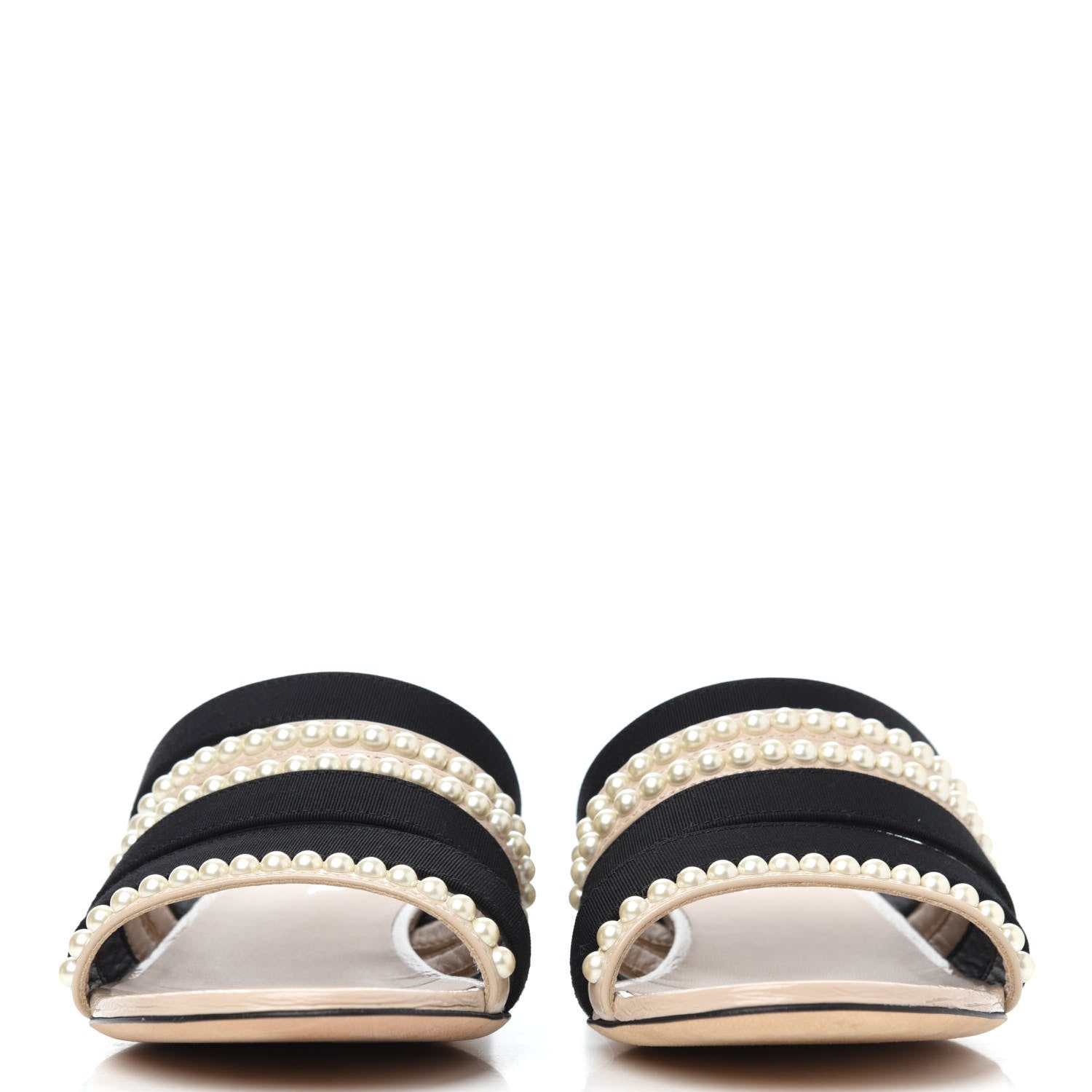 Chanel Patent Calfskin Grosgrain CC Pearl Mules 36 Beige Black 4 of 26