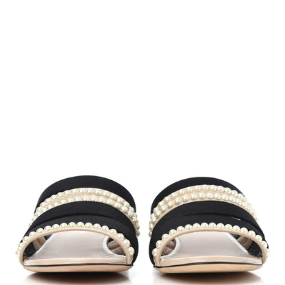 Chanel Patent Calfskin Grosgrain CC Pearl Mules 36 Beige Black 4 of 26