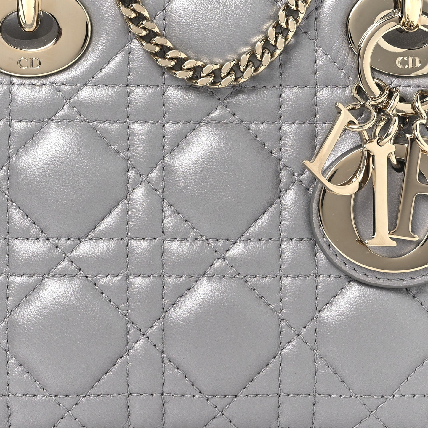 Metallic Lambskin Cannage Mini Lady Dior Grey