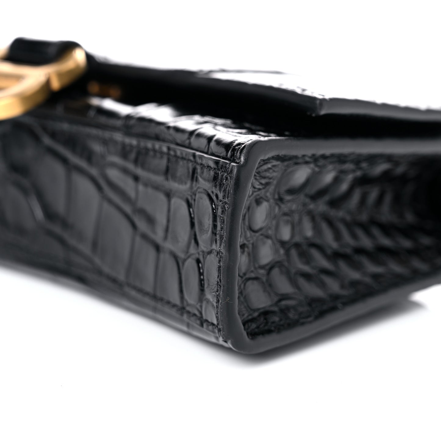 Shiny Calfskin Crocodile Embossed Hourglass Chain Bag Black