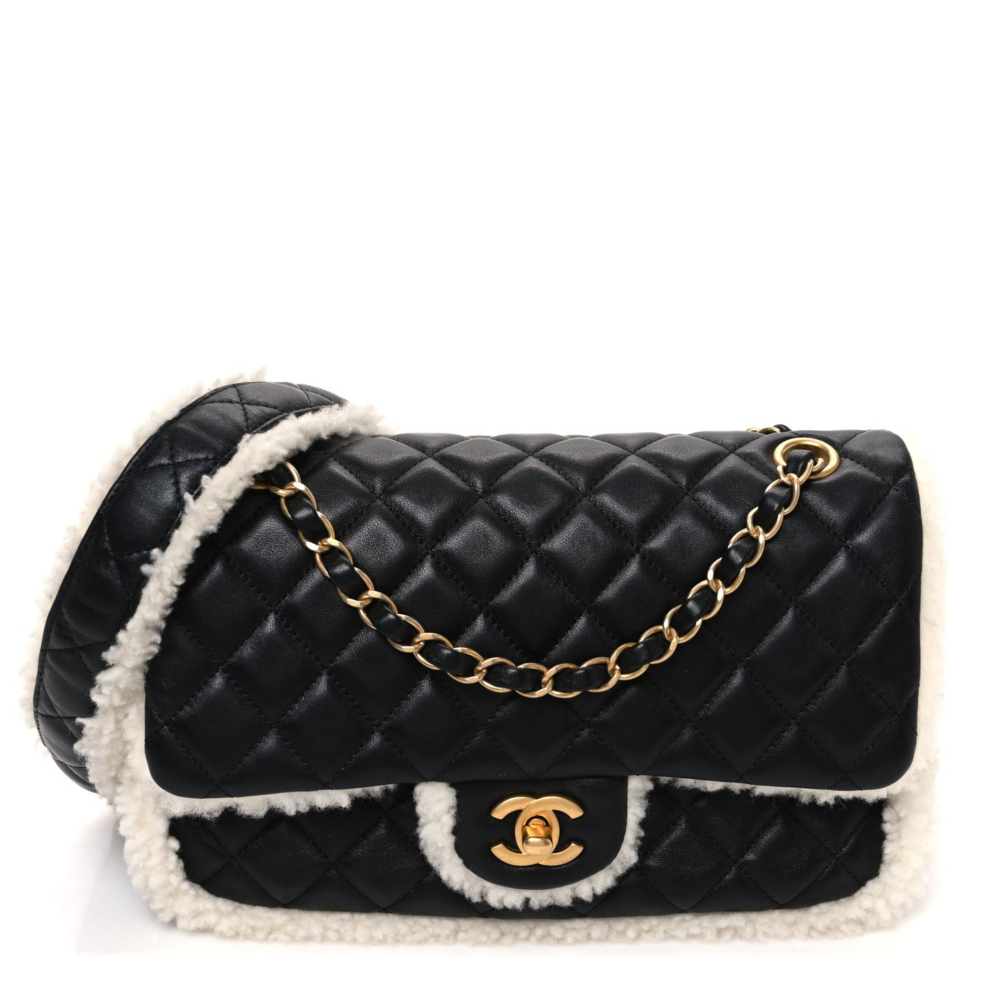 Lambskin Shearling Large CC Flap Bag Black White