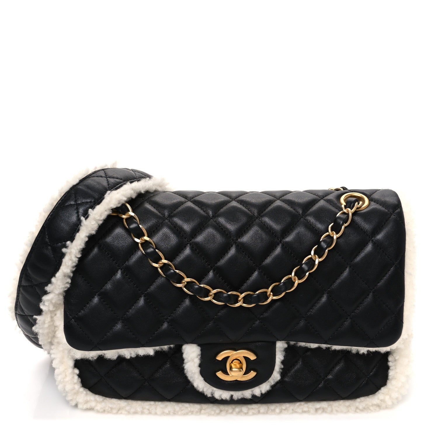 Chanel Lambskin Shearling Large CC Flap Bag Black White 1 of 11