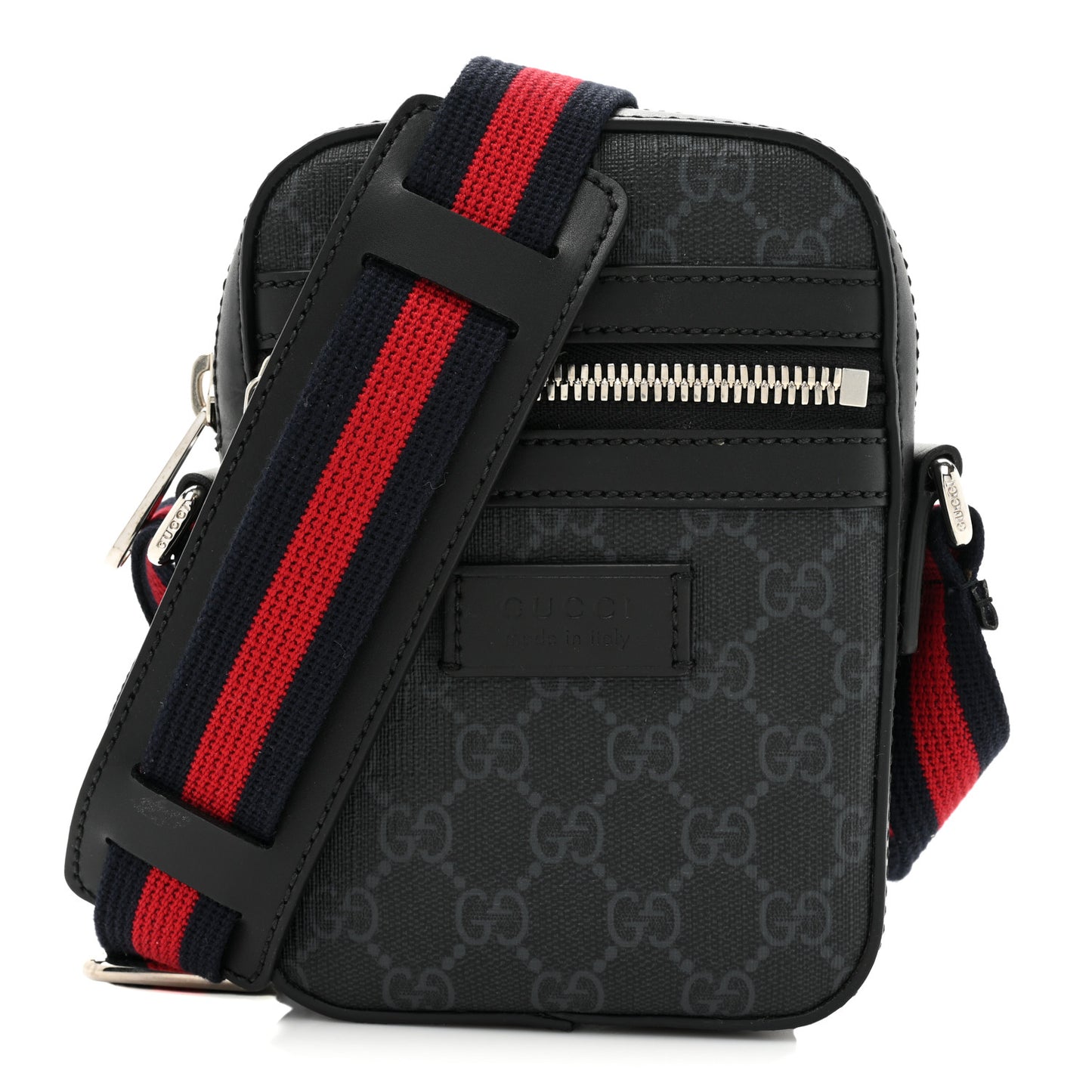 GG Supreme Monogram Appia Calfskin Web Small Camera Messenger Bag Black Grey