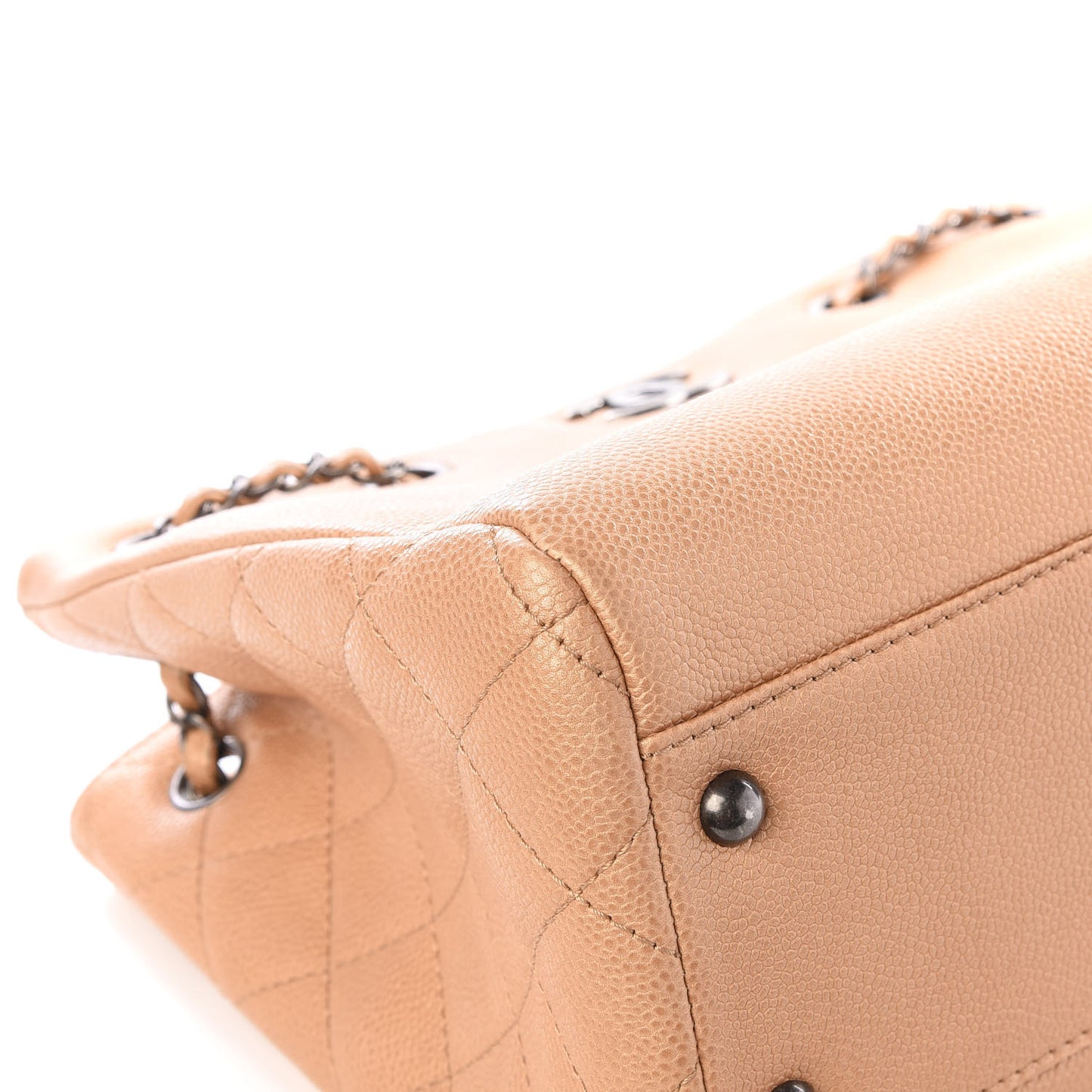 Metallic Grained Calfskin Woven Chain Medium Shopping Tote Beige