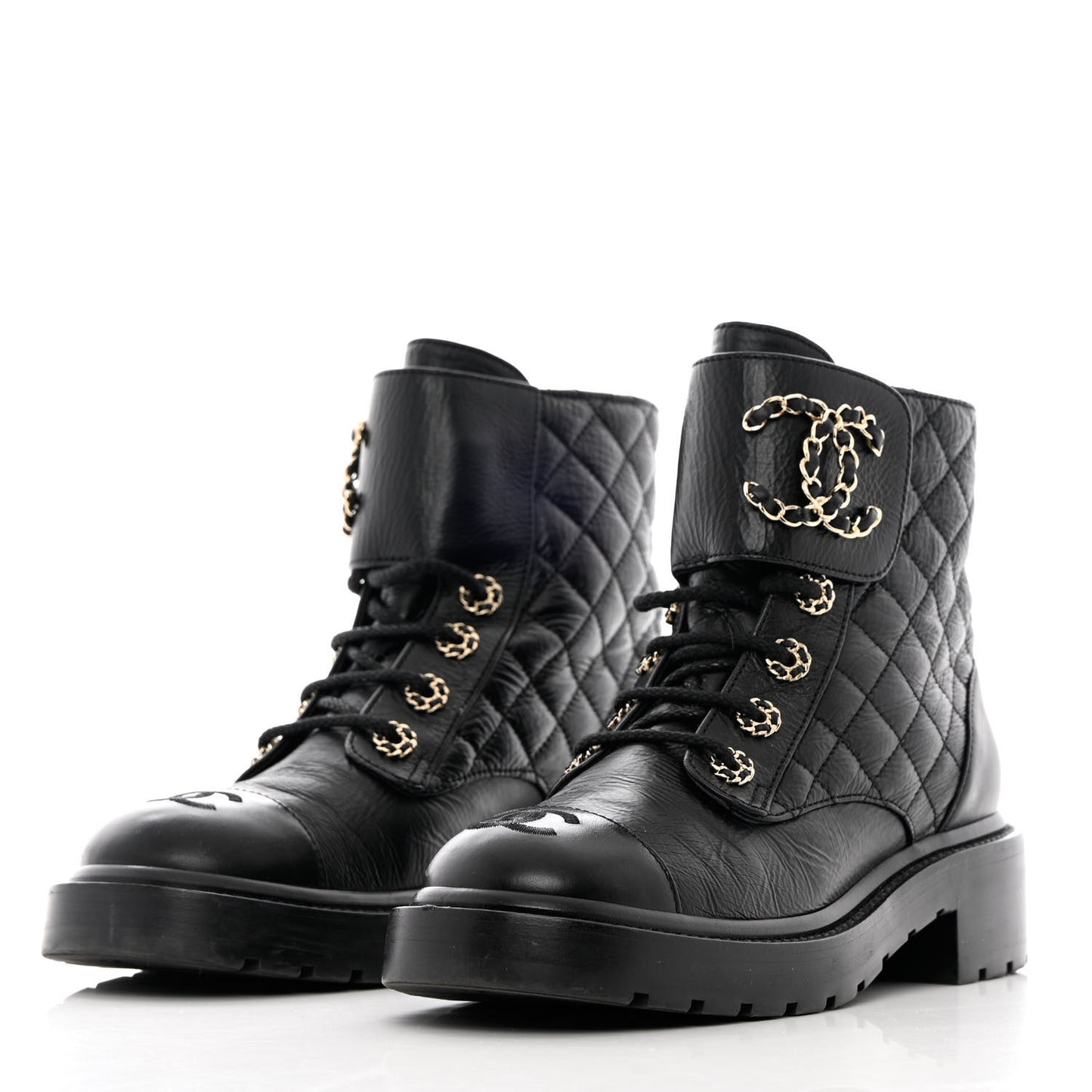 Shiny Calfskin Quilted Lace Up Combat Boots 37 Black