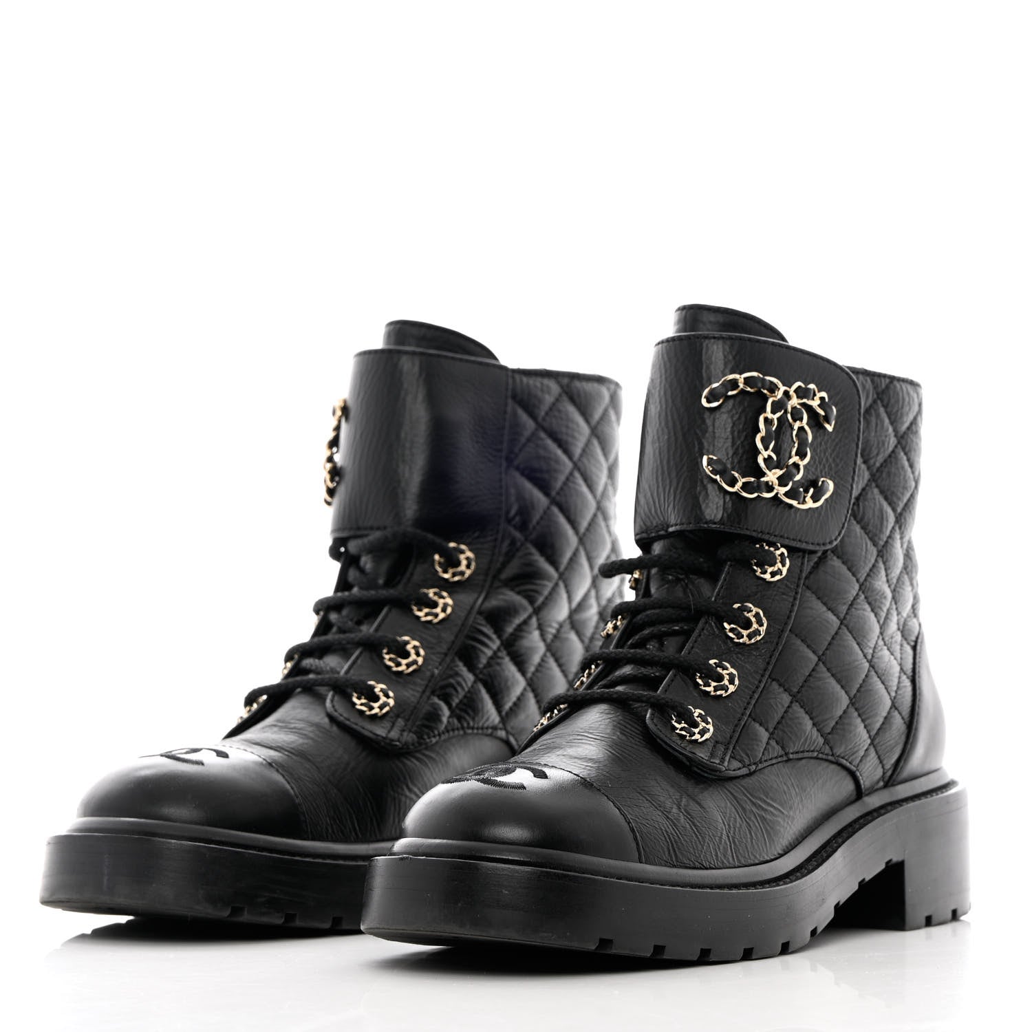 Chanel Shiny Calfskin Quilted Lace Up Combat Boots 37 Black 3 of 13