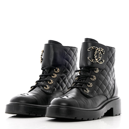 Chanel Shiny Calfskin Quilted Lace Up Combat Boots 37 Black 3 of 13
