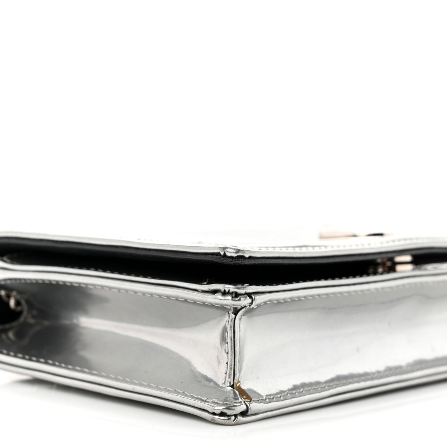 Metallic Patent Micro-Cannage Diorama Wallet on Chain Pouch Silver