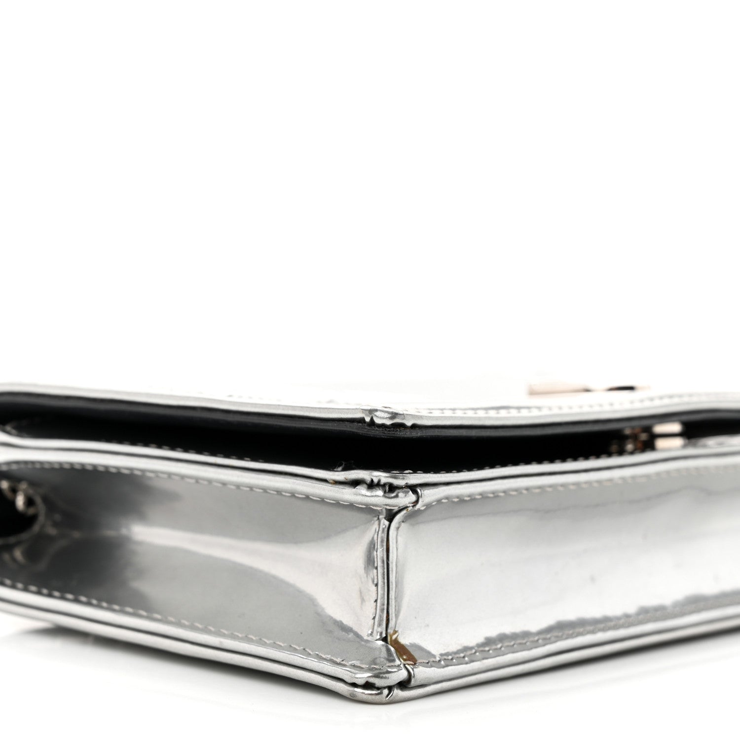 Christian Dior Metallic Patent Micro-Cannage Diorama Wallet on Chain Pouch Silver 8 of 14