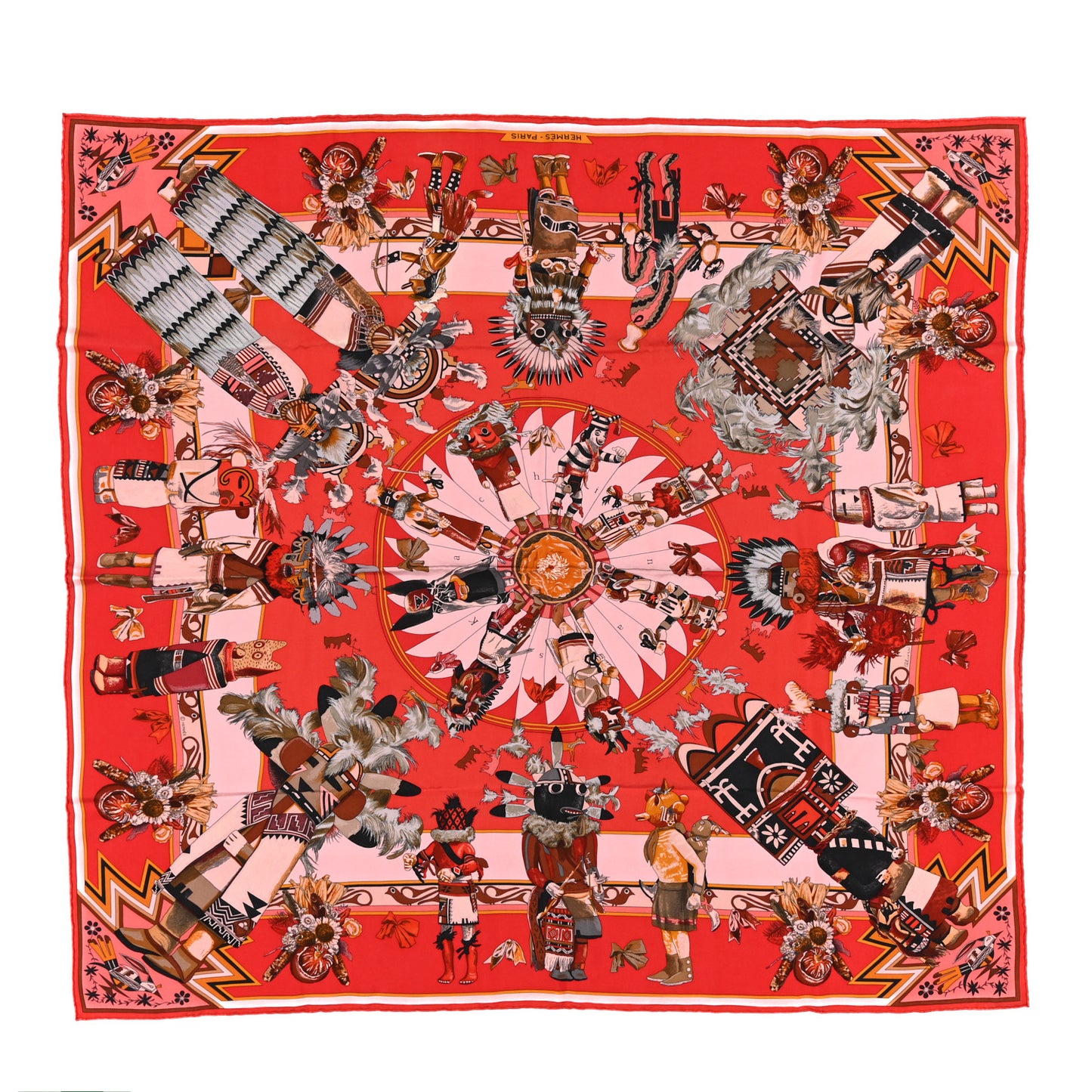 Silk Kachinas Wash Scarf 90 Rouge Corail Vert