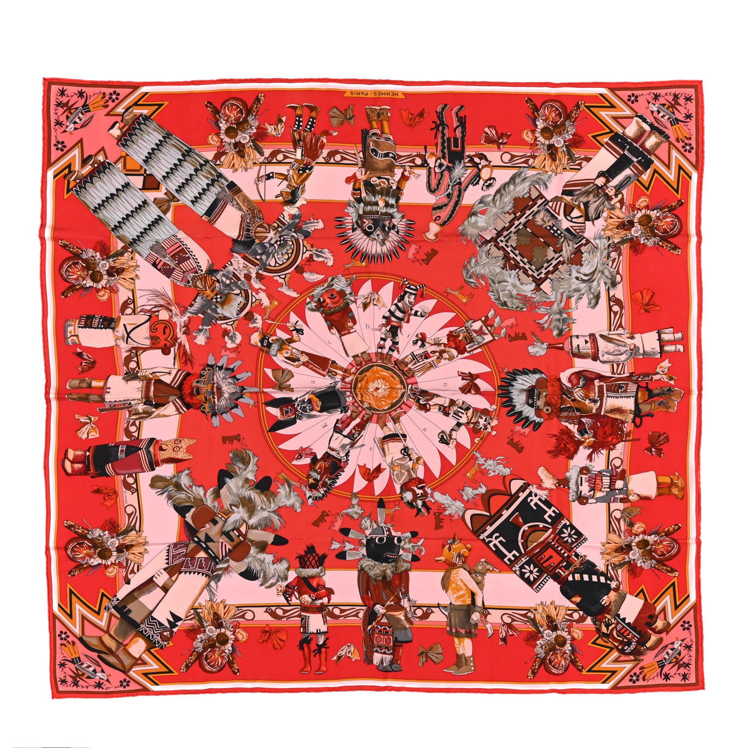 Hermes Silk Kachinas Wash Scarf 90 Rouge Corail Vert 1 of 4