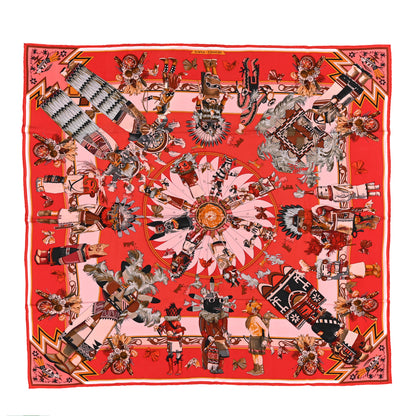 Hermes Silk Kachinas Wash Scarf 90 Rouge Corail Vert 1 of 4