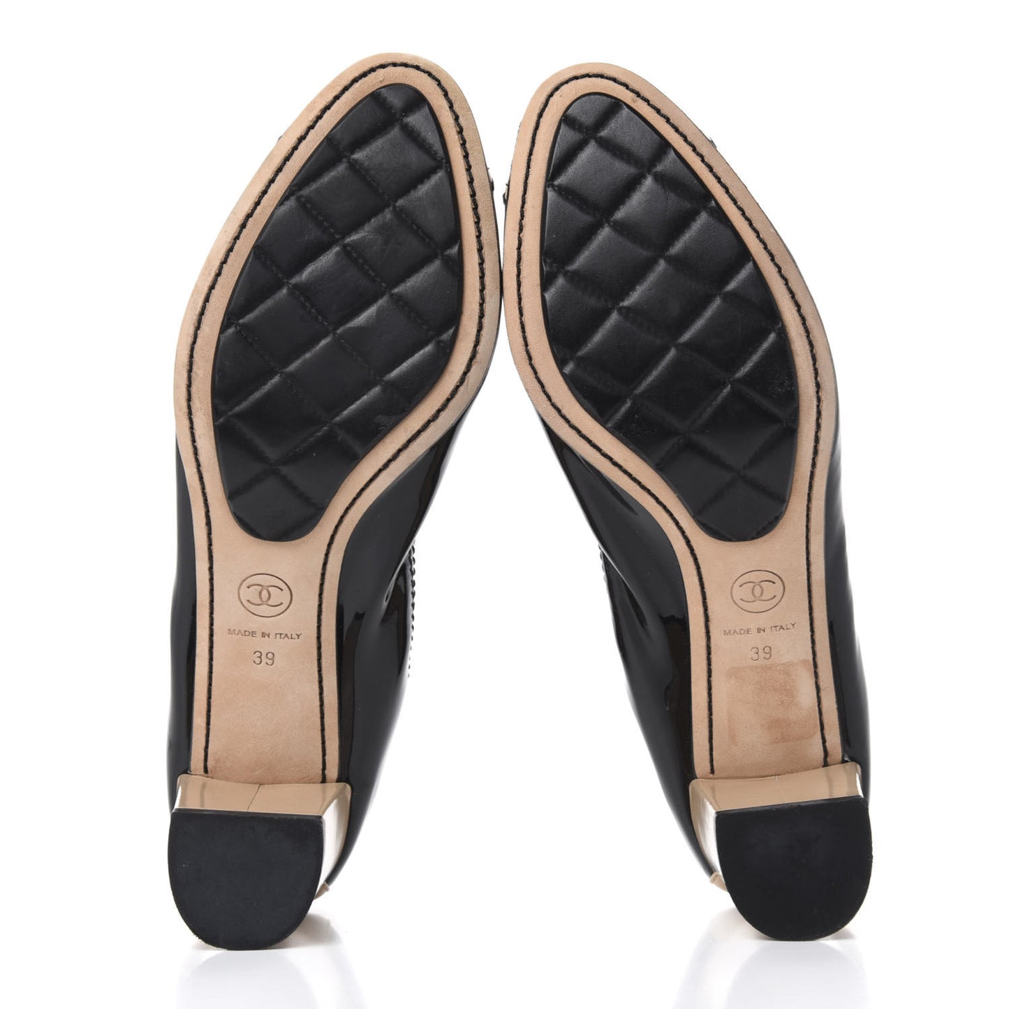 Lambskin Patent CC Elastic Stretch Pumps 39 Beige Black