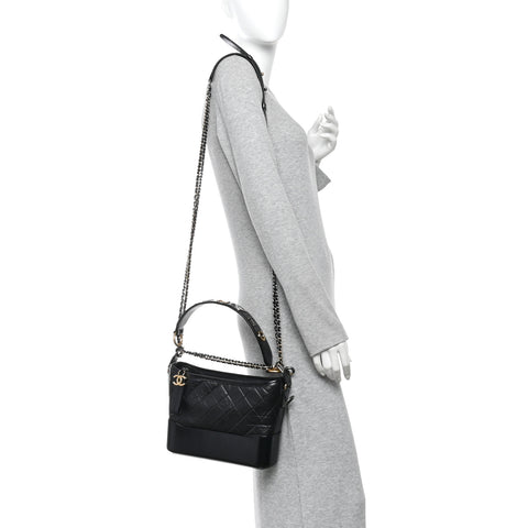 Aged Smooth Calfskin Quilted Medium Gabrielle Logo Hobo Black