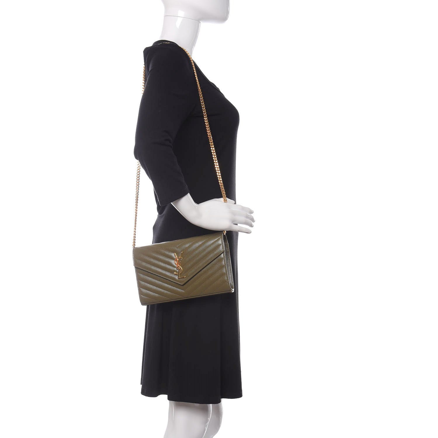Saint Laurent Grain De Poudre Matelasse Chevron Monogram Chain Wallet Vert Kaki 2 of 9