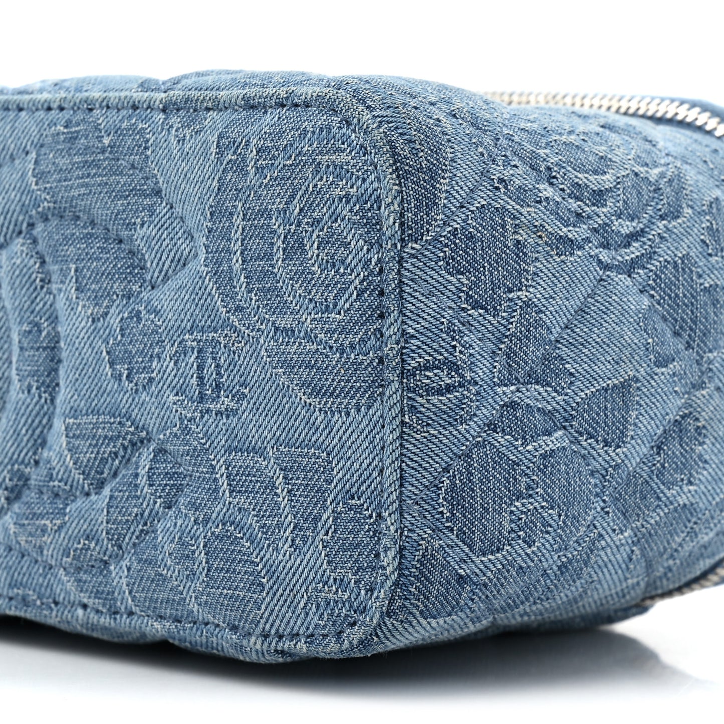 Denim Quilted Sweetheart Small Vanity Case With Chain Blue