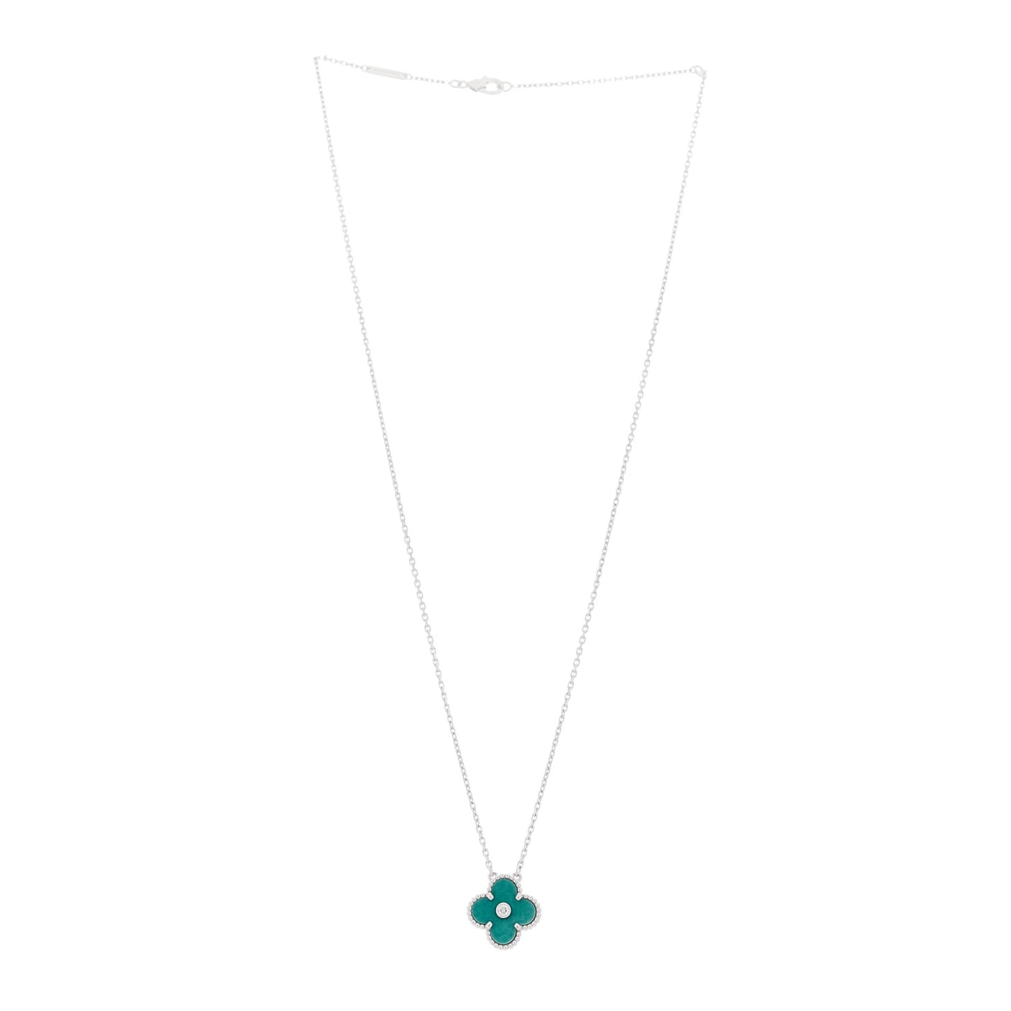 18K White Gold Diamond Celadon Green Sevres Porcelain Vintage Alhambra Pendant Necklace