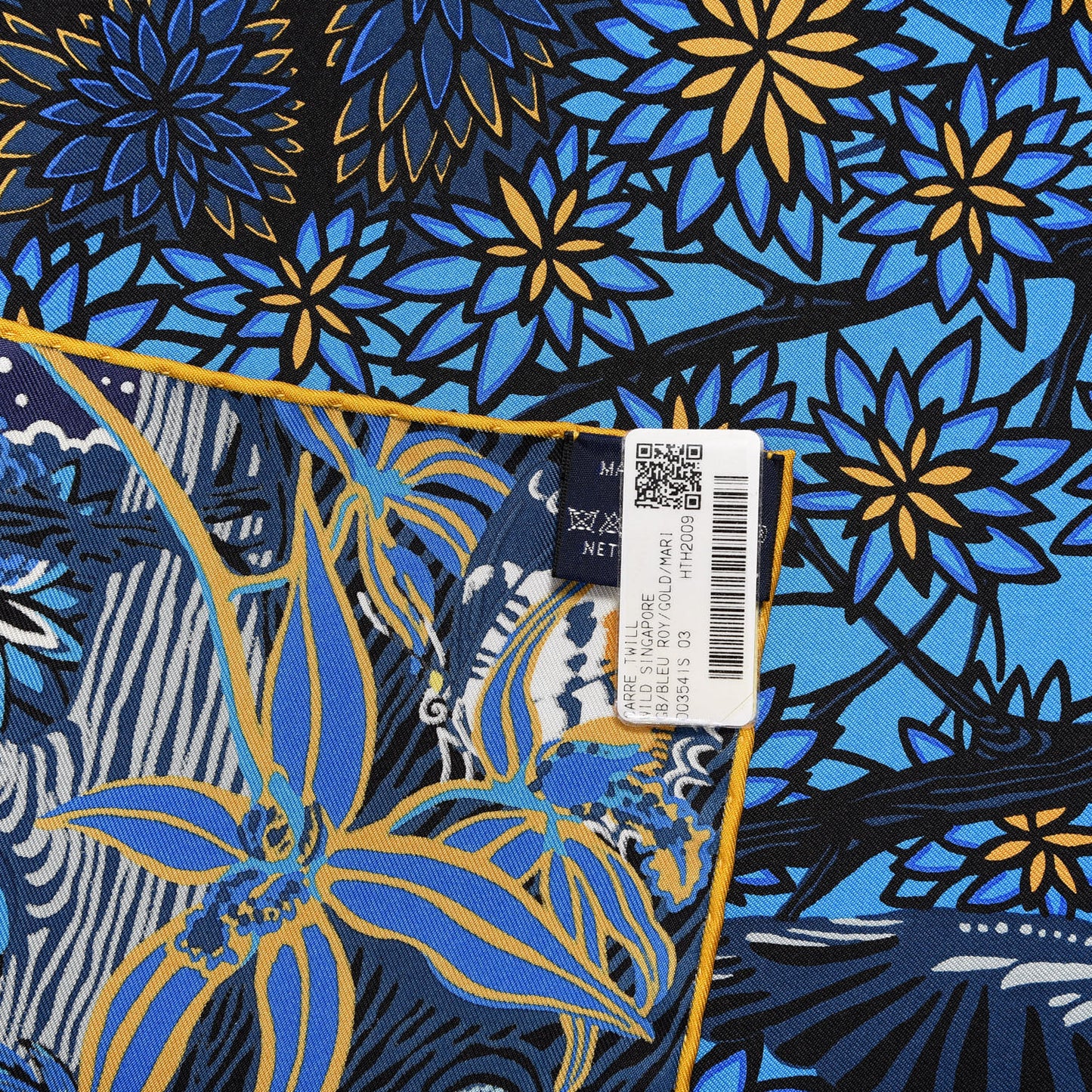 Silk Wild Singapore Scarf 90 Bleu Roy Gold Marine