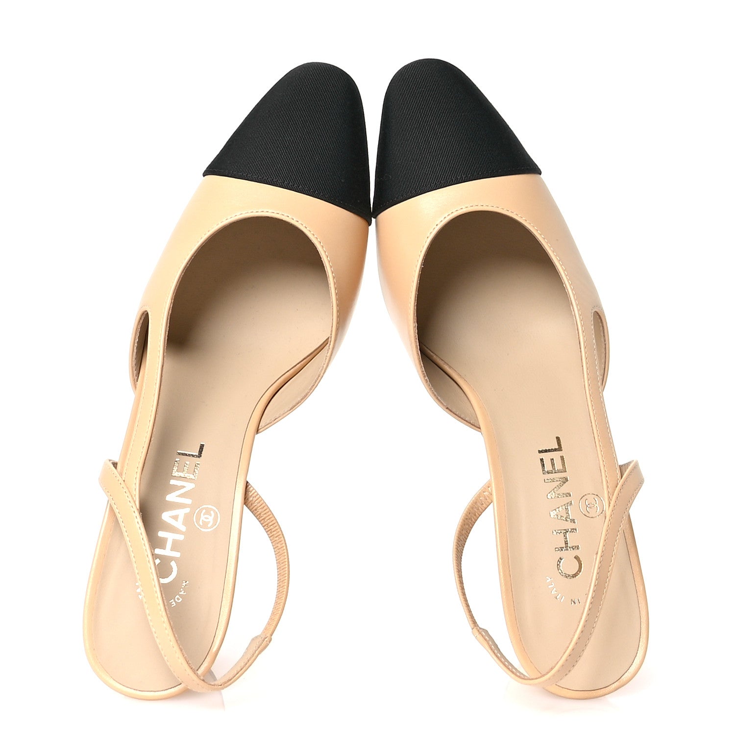 Chanel Goatskin Grosgrain Cap Toe CC Slingback Pumps 38.5 Beige Black 2 of 9