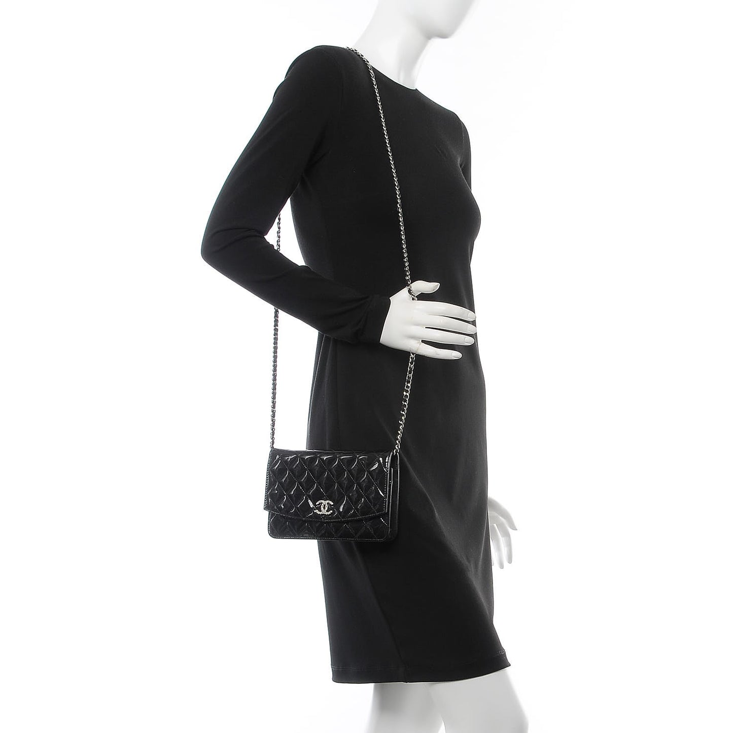 Patent Quilted Brilliant Wallet On Chain WOC Black
