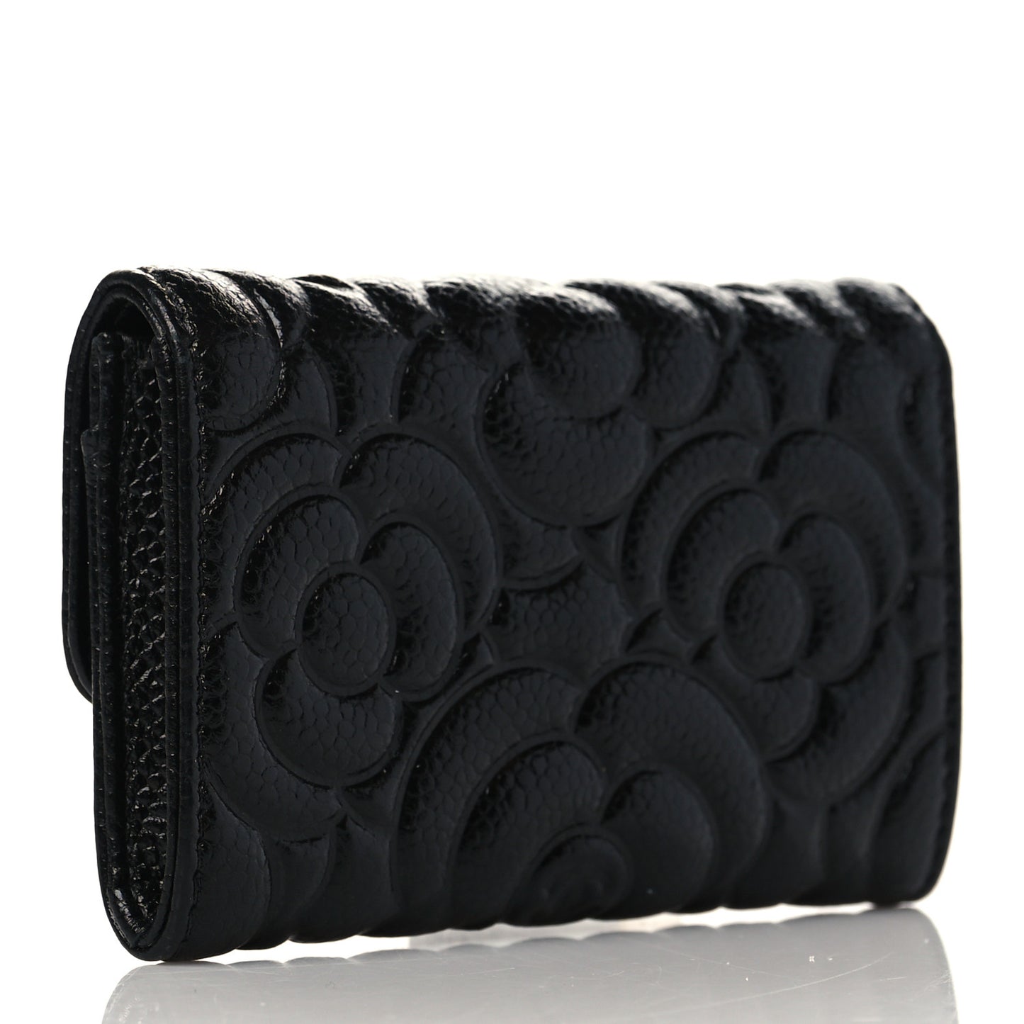 Caviar Camellia Embossed Card Holder Wallet Black
