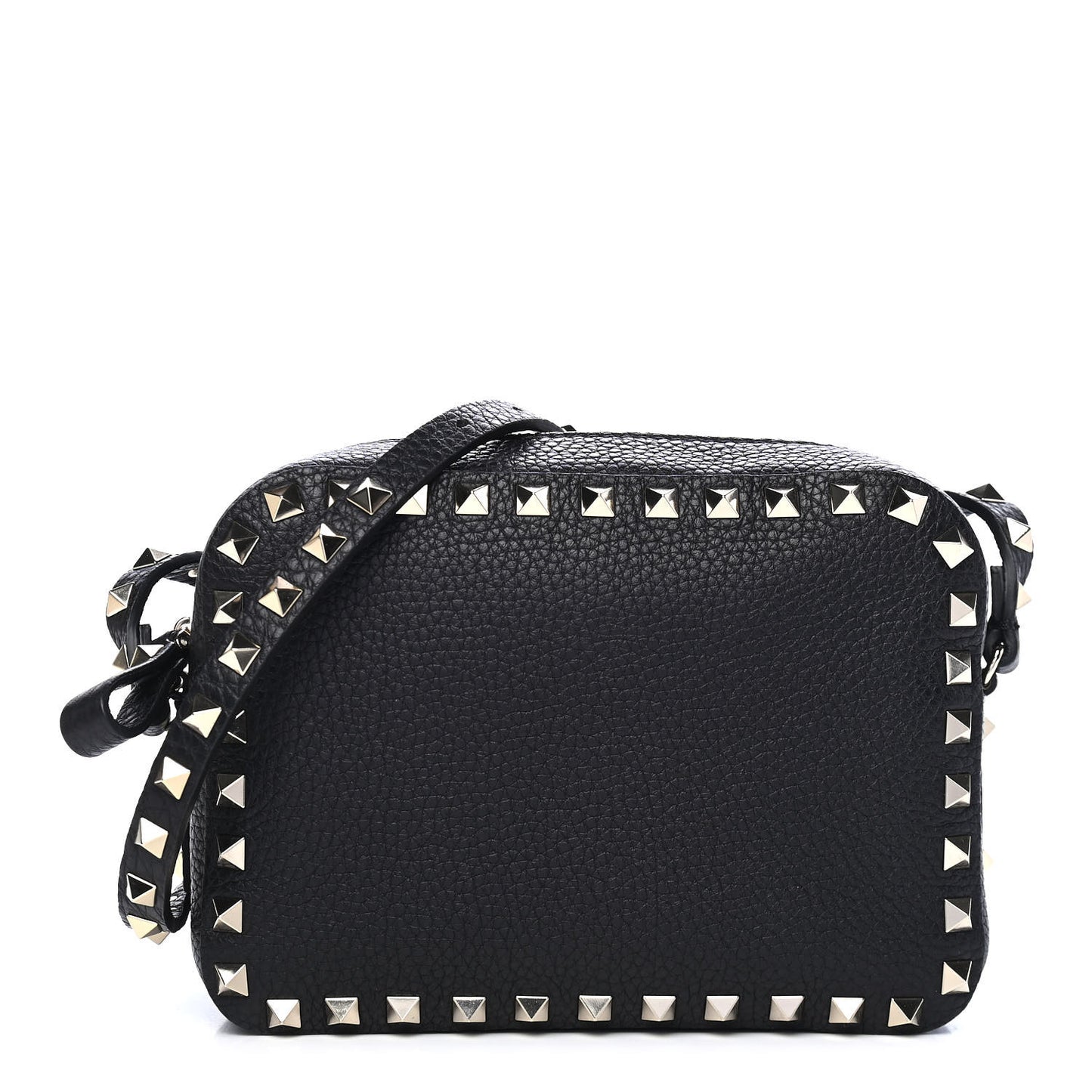 Grained Calfskin Rockstud Camera Crossbody Bag Black