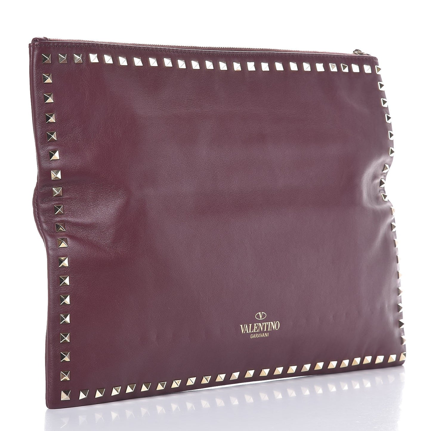 Vitello Oversized Rockstud Zip Wristlet Pouch Rubin