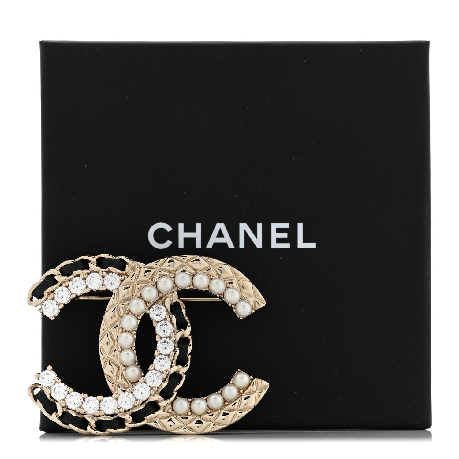 Chanel Lambskin Pearl Crystal Quilted CC Brooch Black Gold 5 of 5