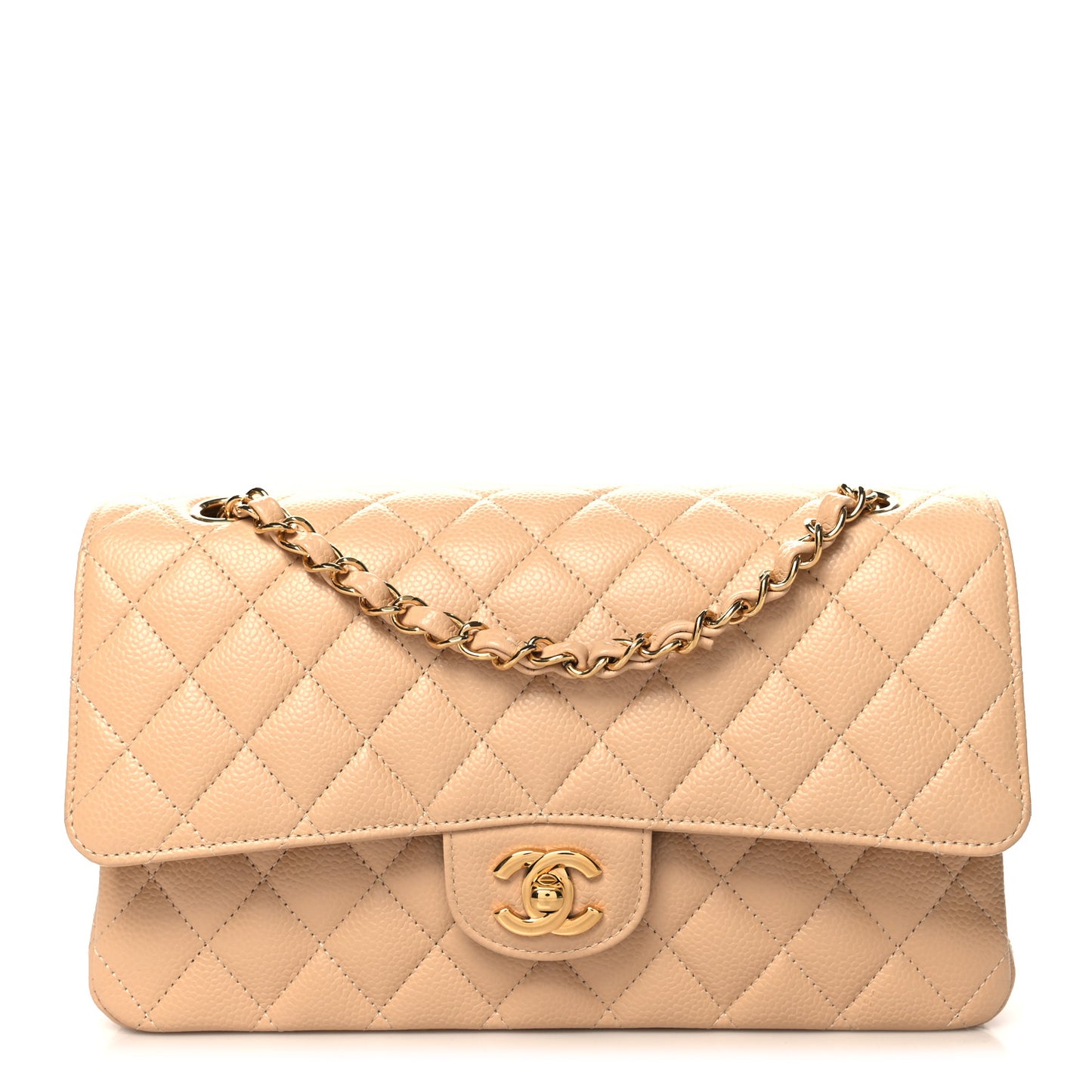 Caviar Quilted Medium Double Flap Beige