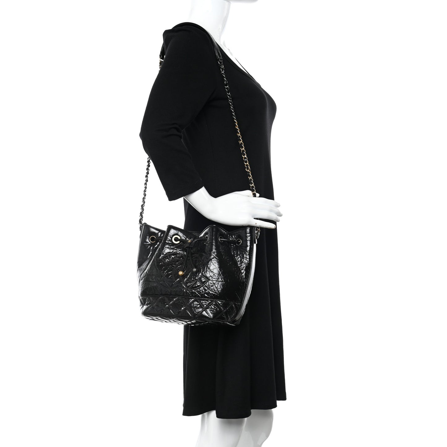 Shiny Aged Calfskin CC Chain Drawstring Bag Black