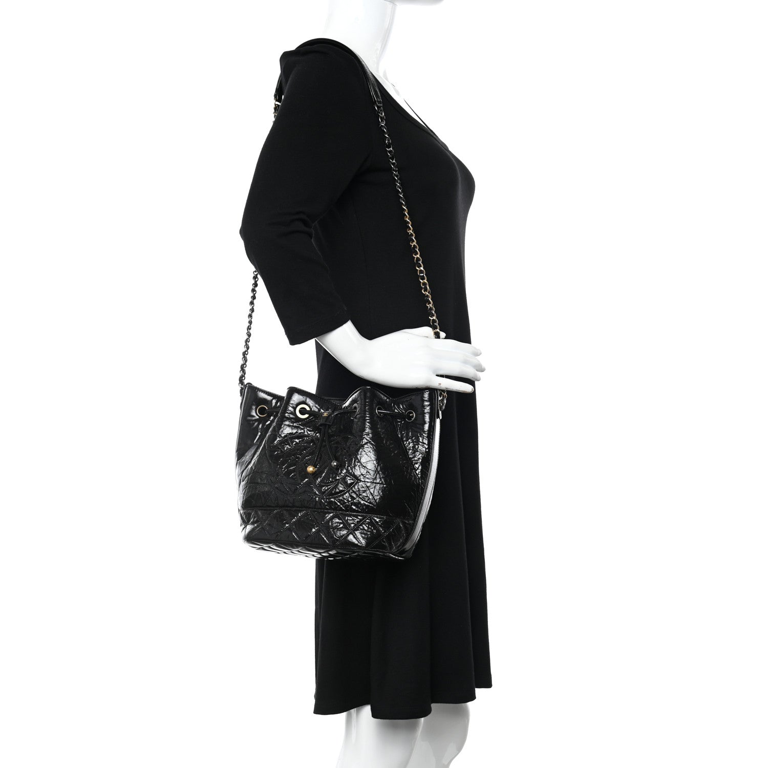 Chanel Shiny Aged Calfskin CC Chain Drawstring Bag Black 2 of 11