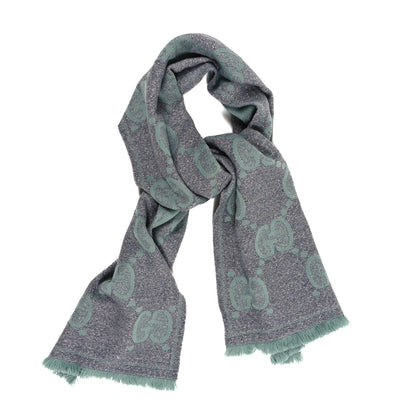 Gucci Wool Lame Jacquard Monogram Jumbo GG Lady Nest Lux Scarf Aqua Medium Grey 1 of 4