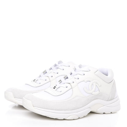 Chanel Suede Calfskin Fabric CC Sneakers 38.5 White 3 of 9