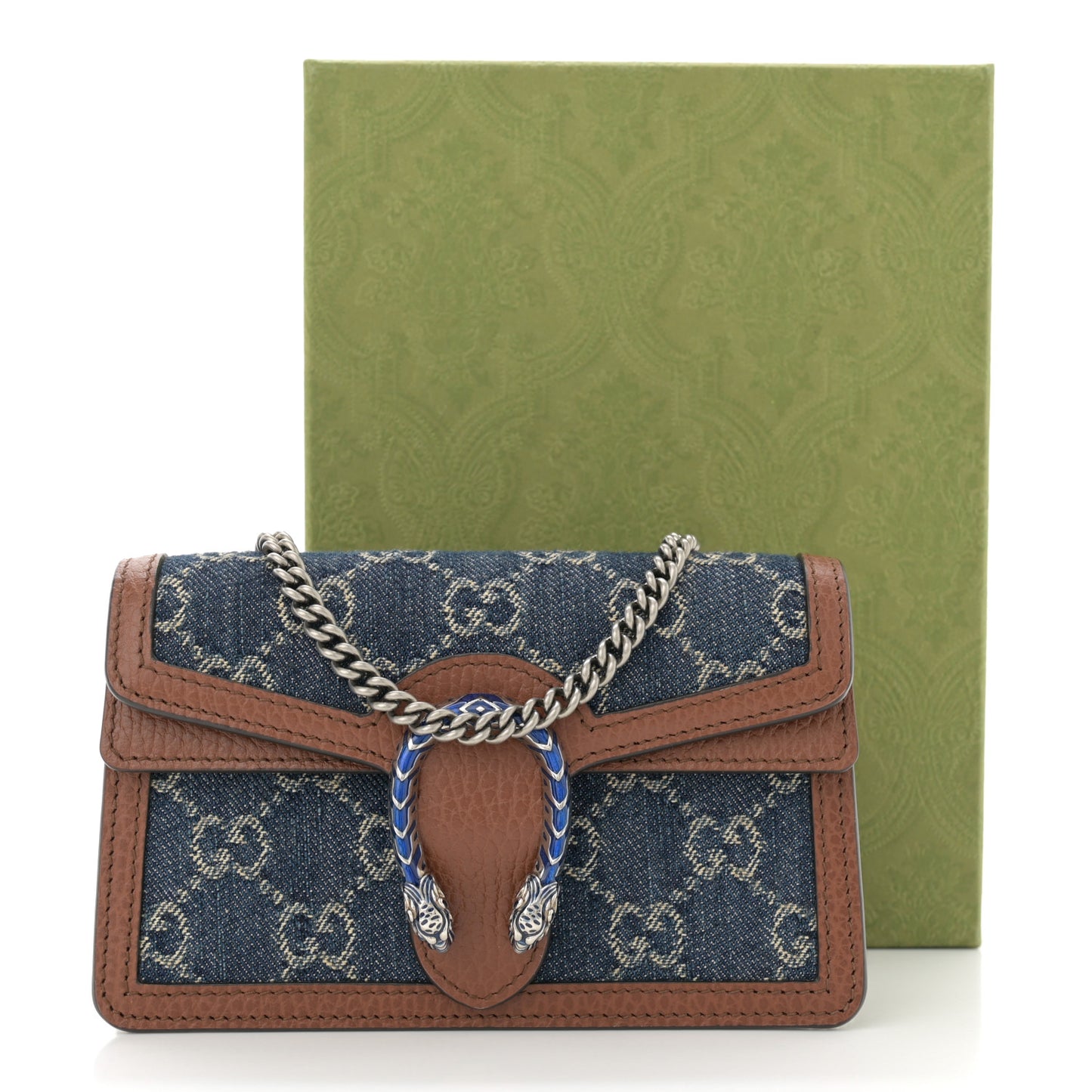 New Denim GG Monogram Dollar Calfskin Enamel Super Mini Dionysus Shoulder Bag Blue Tea Cuir Epilog Electric Blue