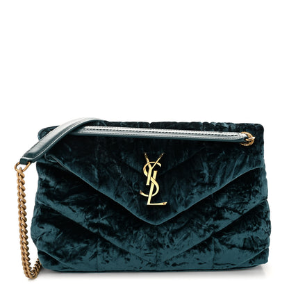 Saint Laurent Crushed Velvet Quilted Small Loulou Puffer Monogram Chain Satchel Emerald 1 of 9