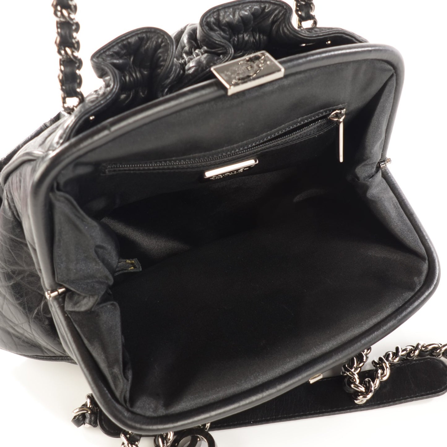 Distressed Lambskin Paris NY Framed Pleated Pouch Bag Black