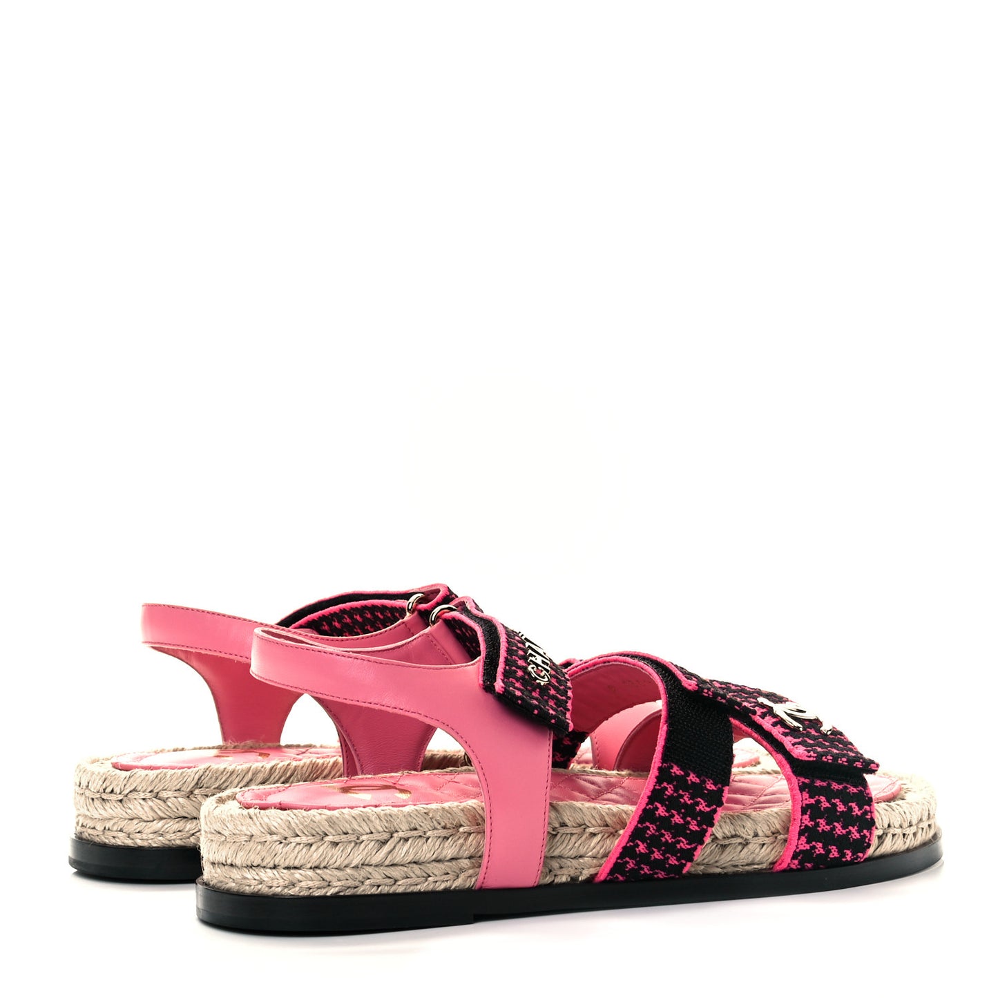 Stretch Fabric Lambskin CC Flat Sandals 39 Pink Black