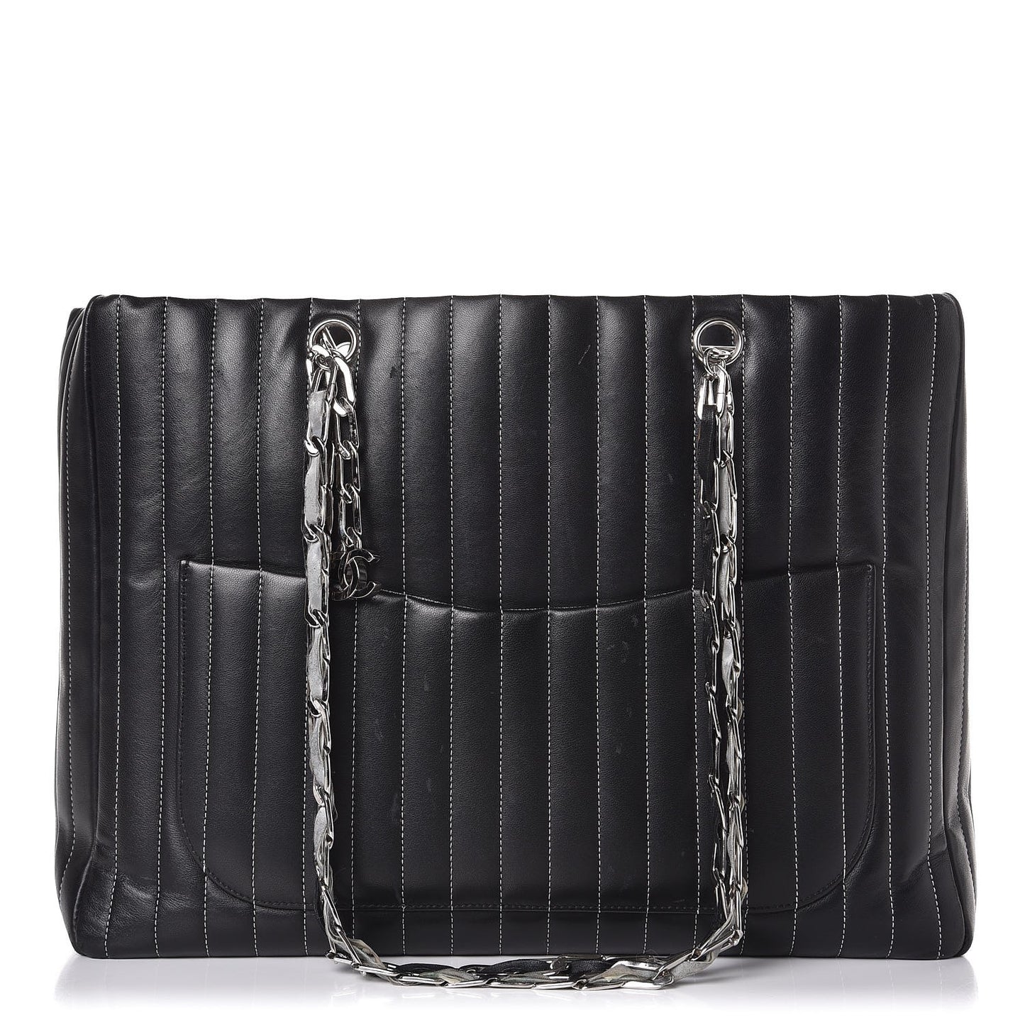 Lambskin Vertical Quilted Large Mademoiselle Tote Black