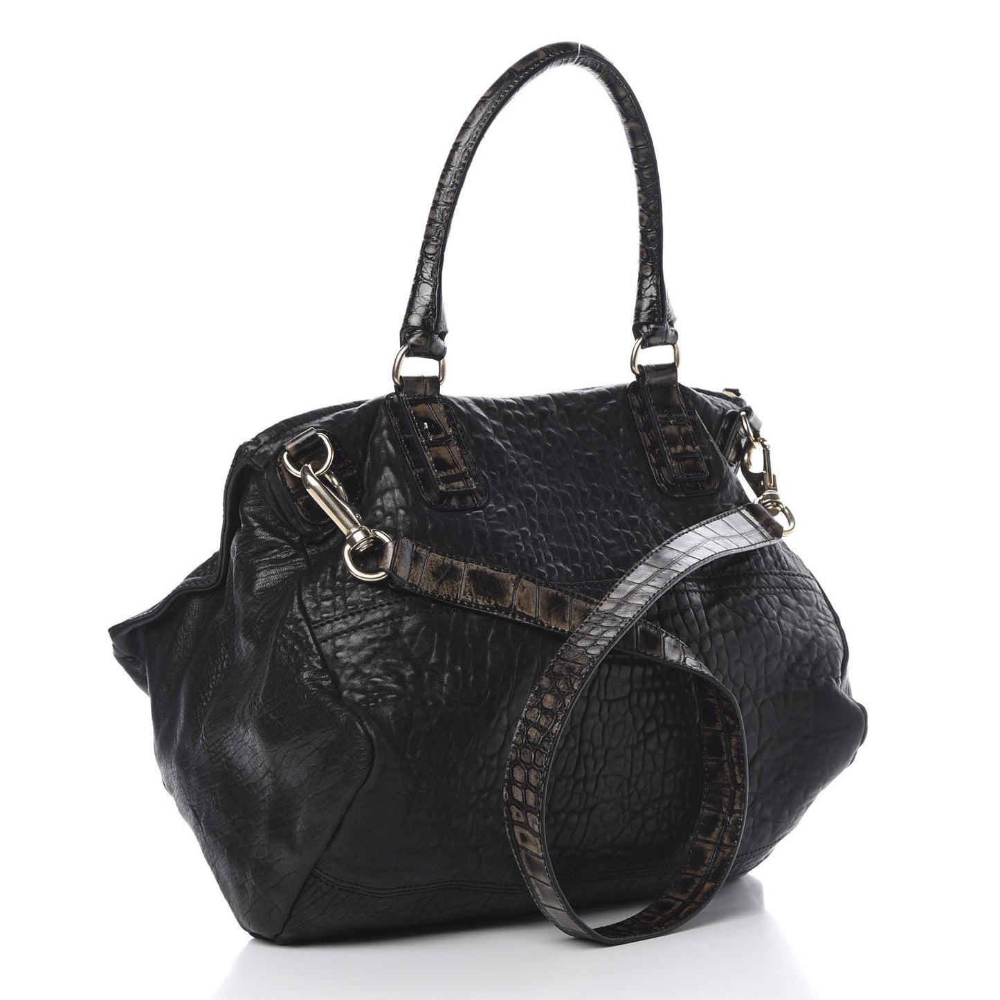 Pebbled Sheepskin Calfskin Crocodile Embossed Large Pandora Black