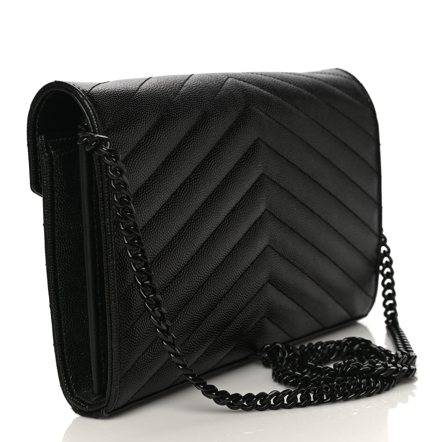 Saint Laurent Grain De Poudre Matelasse Chevron Monogram Chain Wallet Black 3 of 12