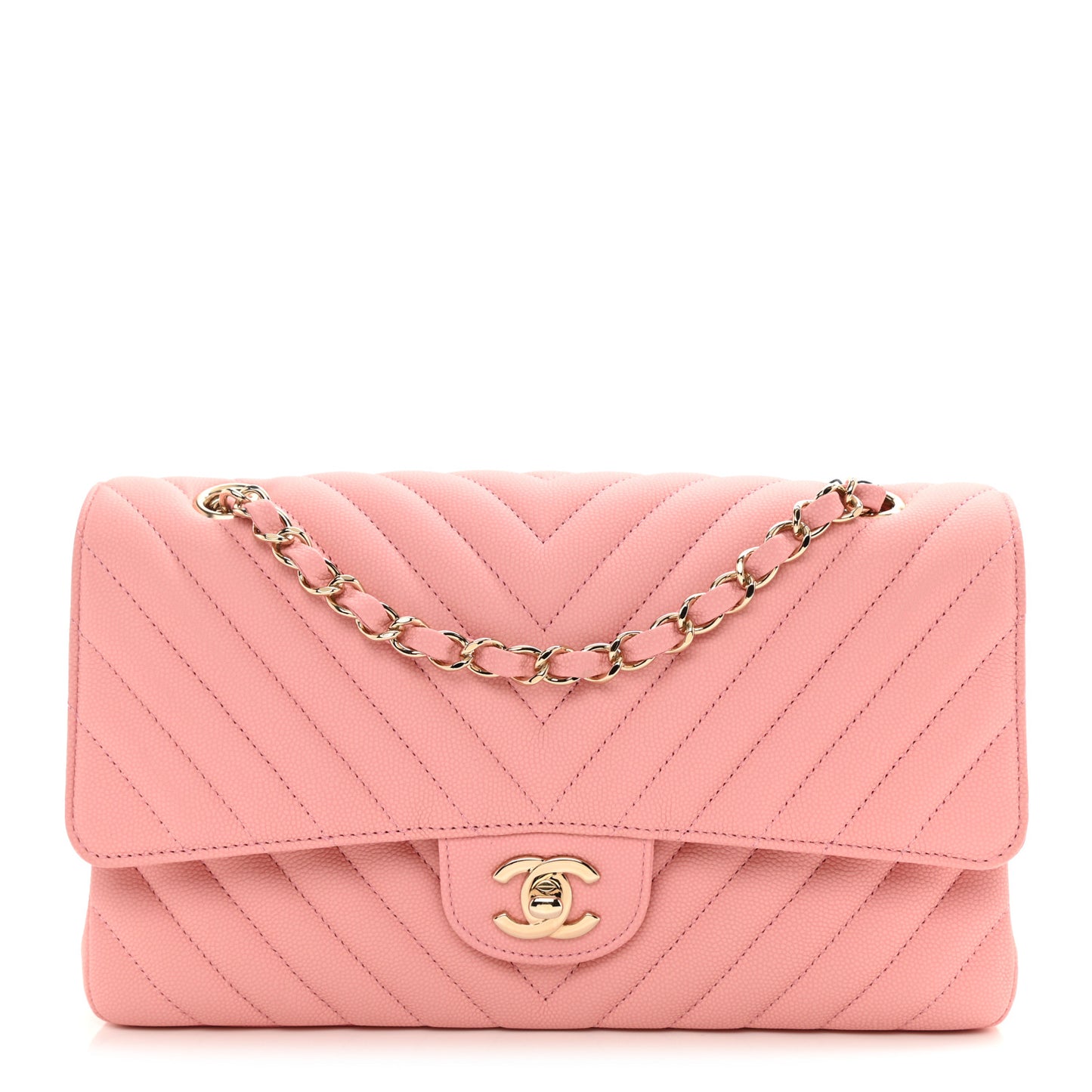 Caviar Flat Chevron Quilted Medium Double Flap Pink