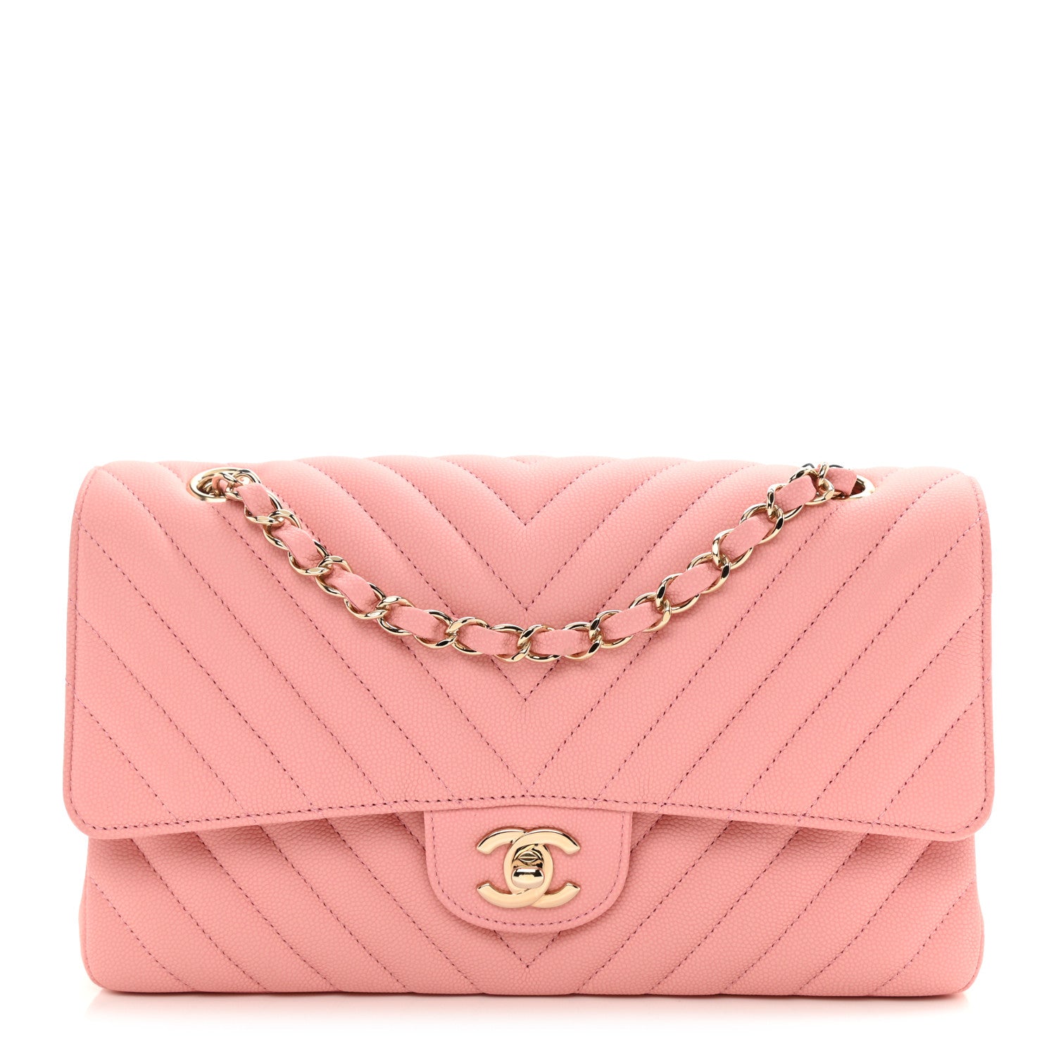 Chanel Caviar Flat Chevron Quilted Medium Double Flap Pink 1 of 9