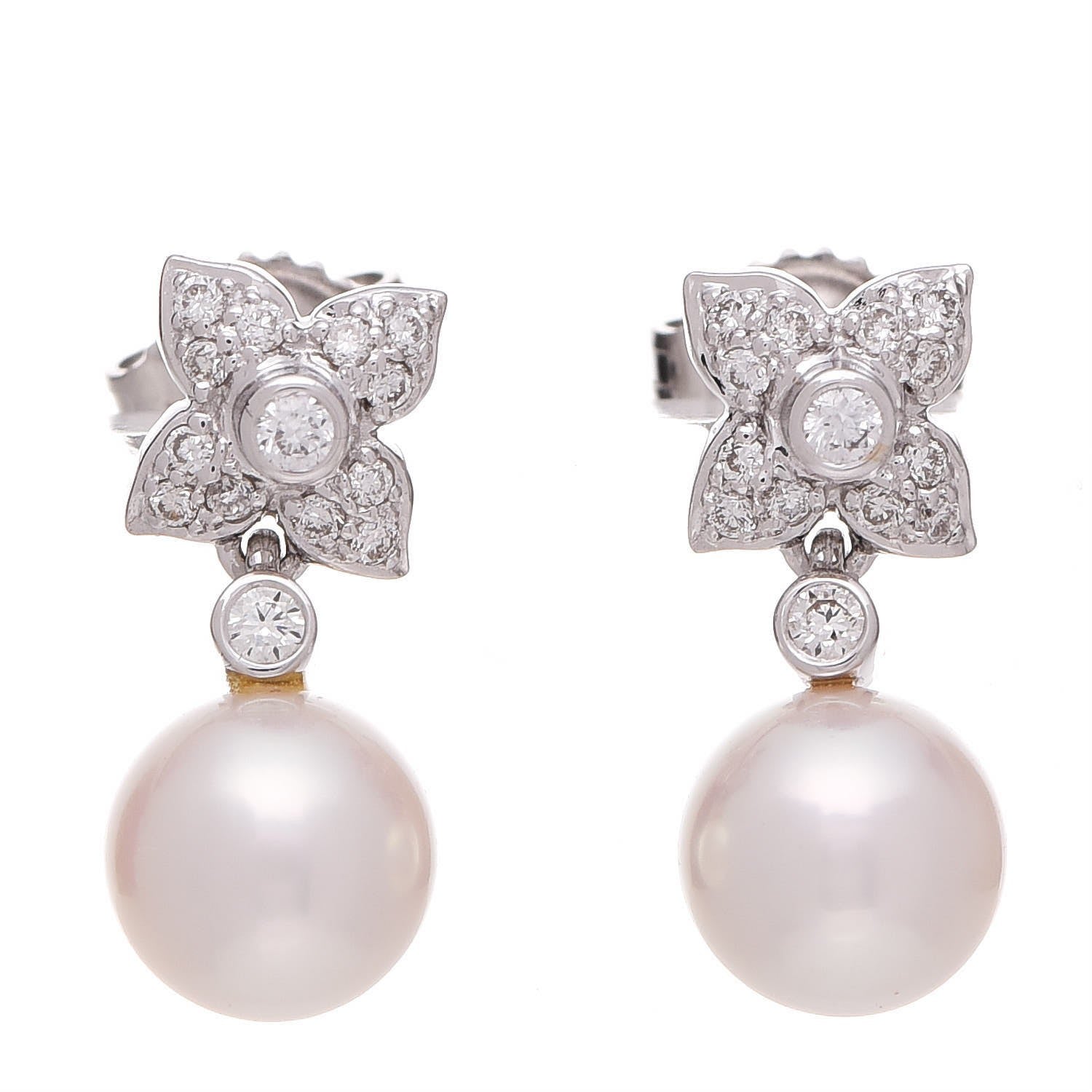 Mikimoto 18K White Gold Diamond Akoya Cultured Pearl Floral Earrings 1 of 7