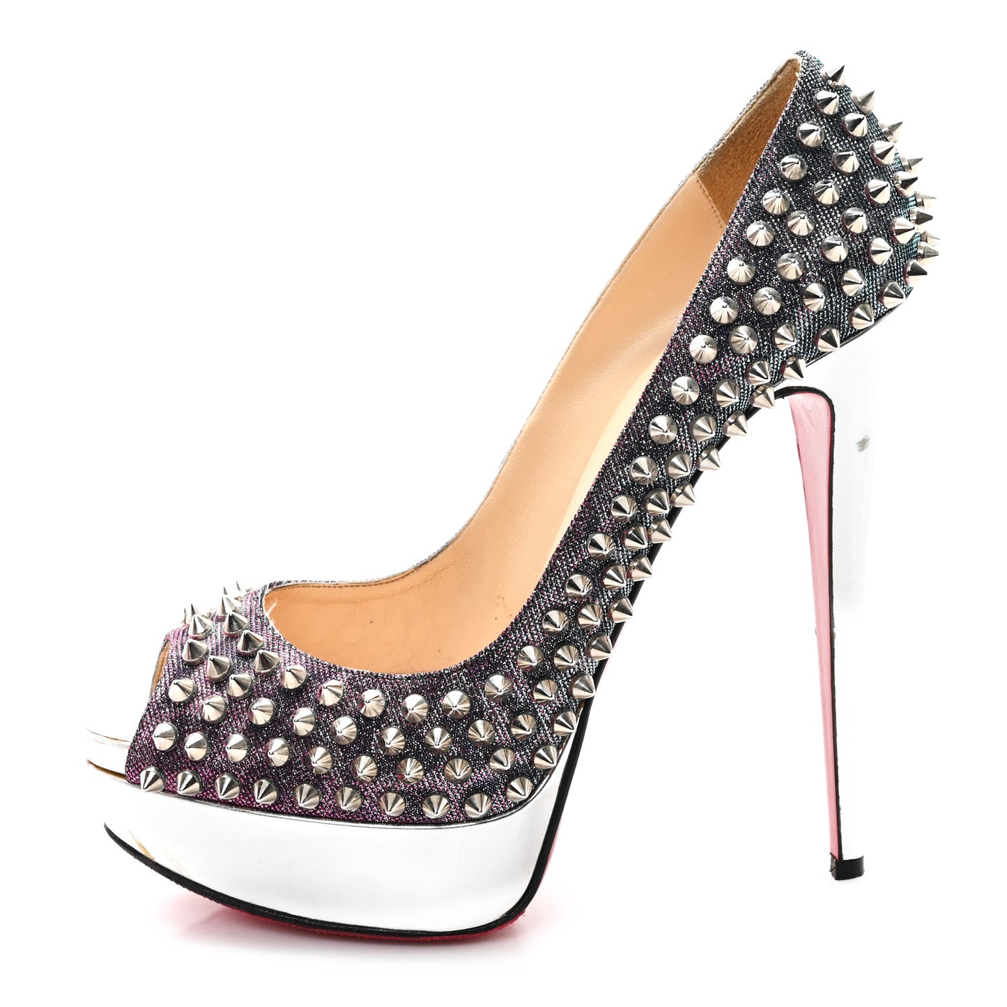 Lame Satin Lady Peep Spikes 150 Pumps 39 Turquoise Violet Silver