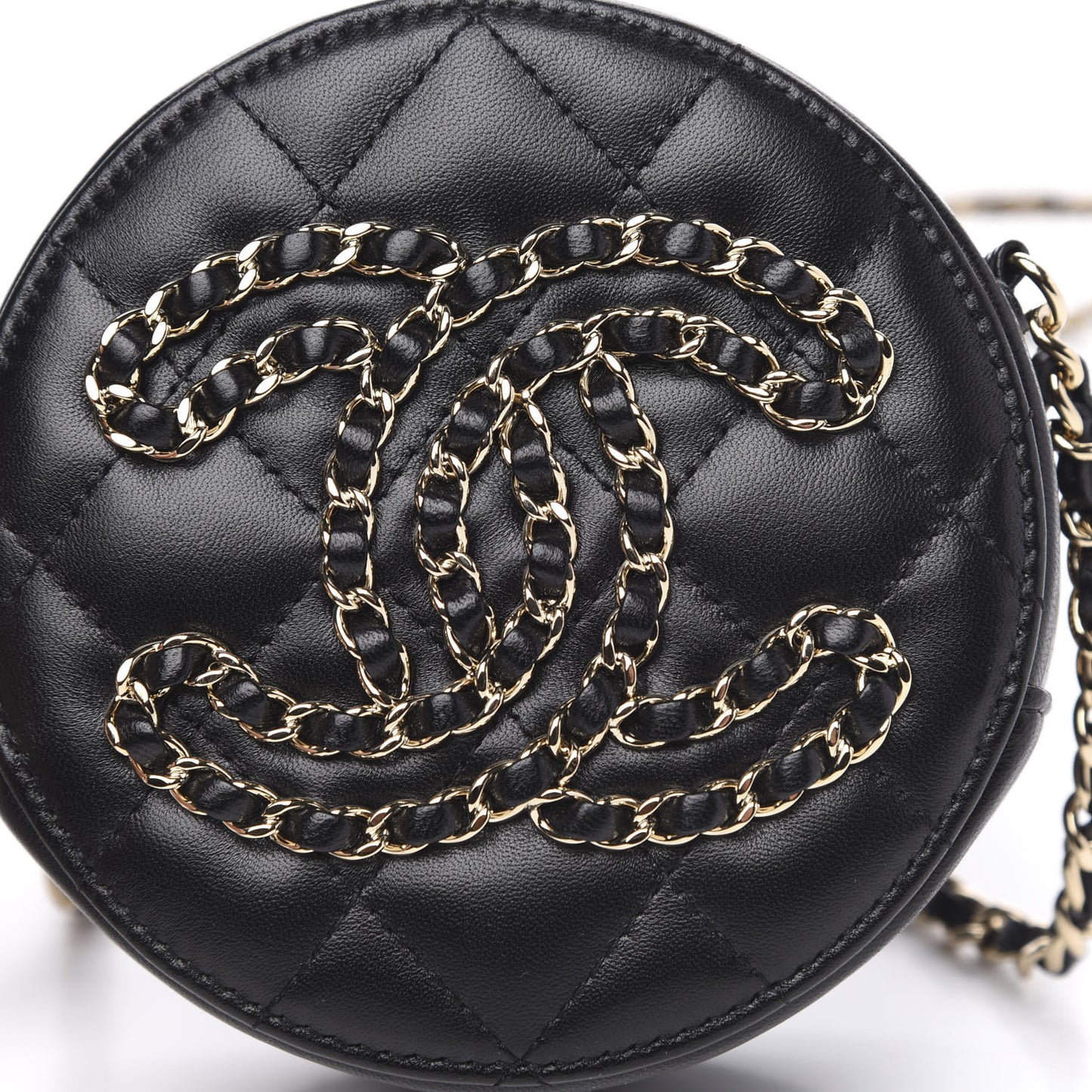 Lambskin Quilted Large CC Round Clutch With Chain Black